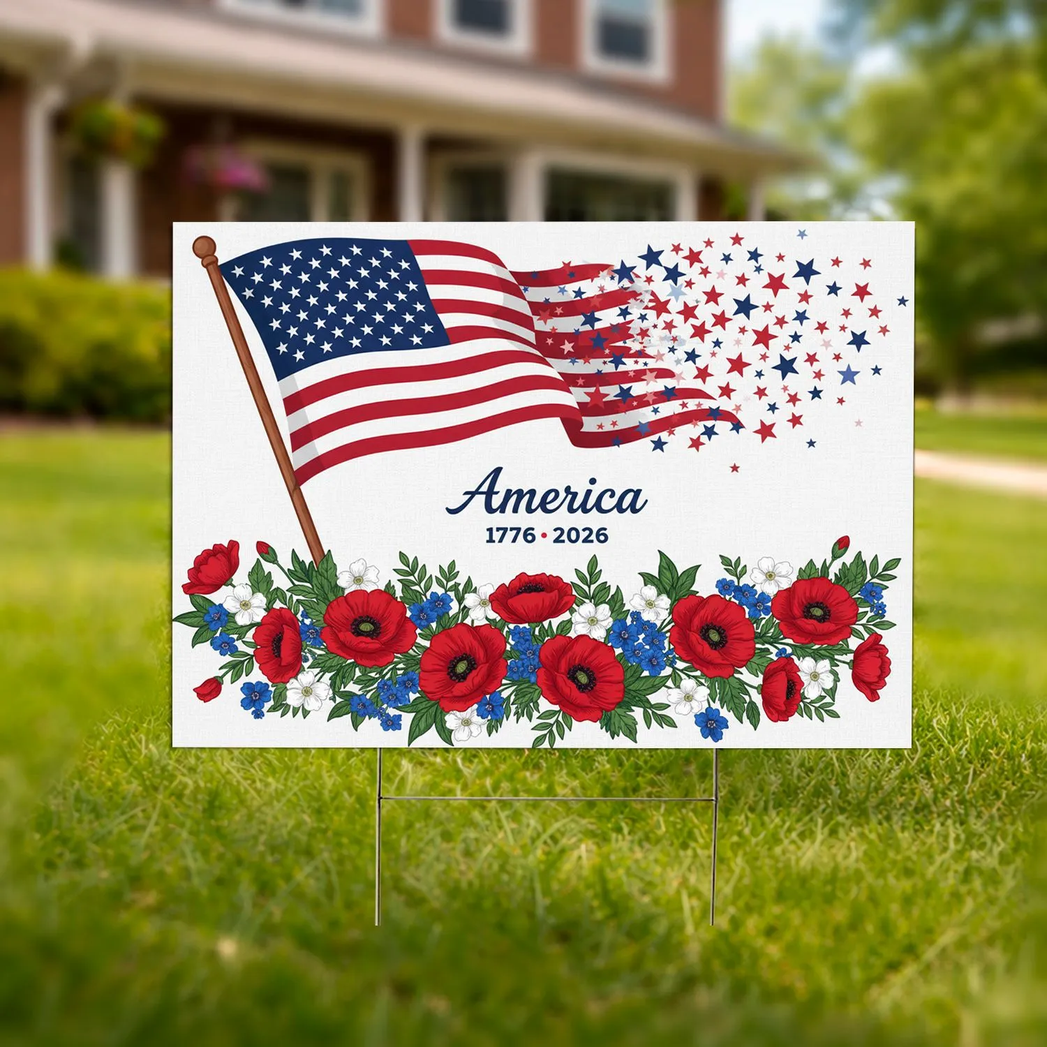 Waving American Flag "America" 1776-2026 Floral - USA 250th Anniversary Patriotic Design Yard Sign - 1