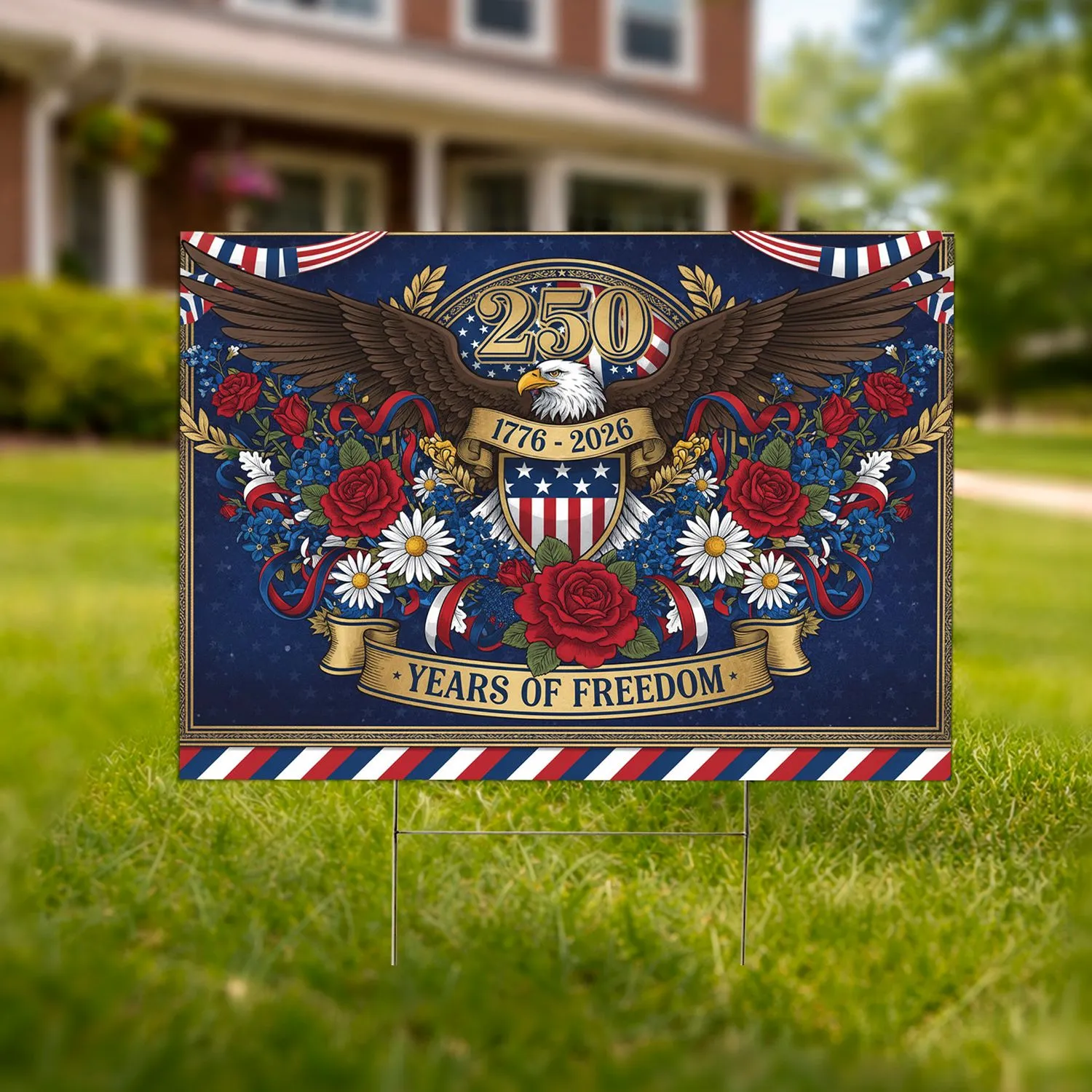 Bald Eagle American Flag 1776-2026 - USA 250th Anniversary Patriotic Floral Art Yard Sign - 1