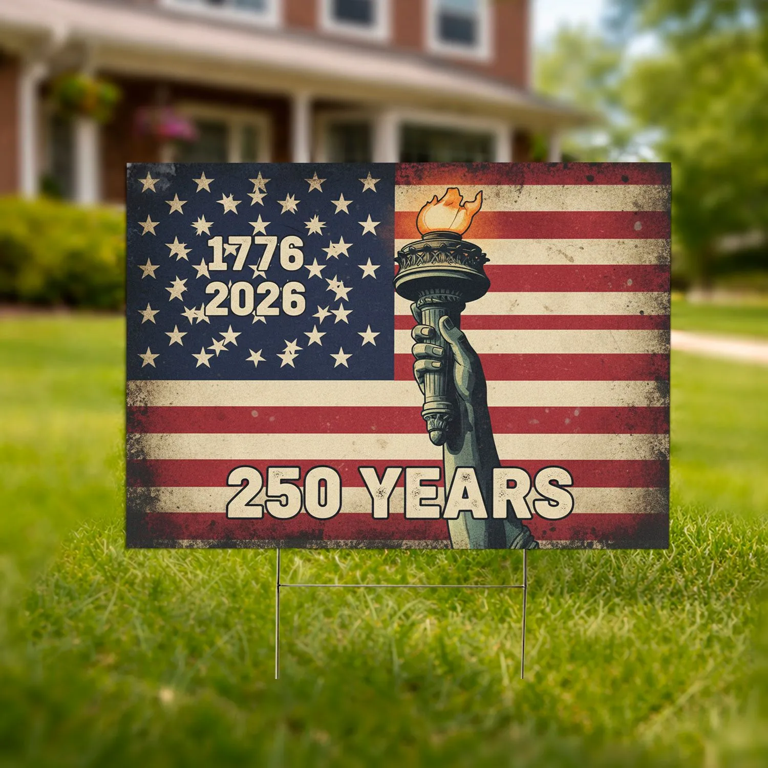 Statue of Liberty Torch Distressed American Flag 1776-2026 - USA 250th Anniversary Patriotic Yard Sign - 1