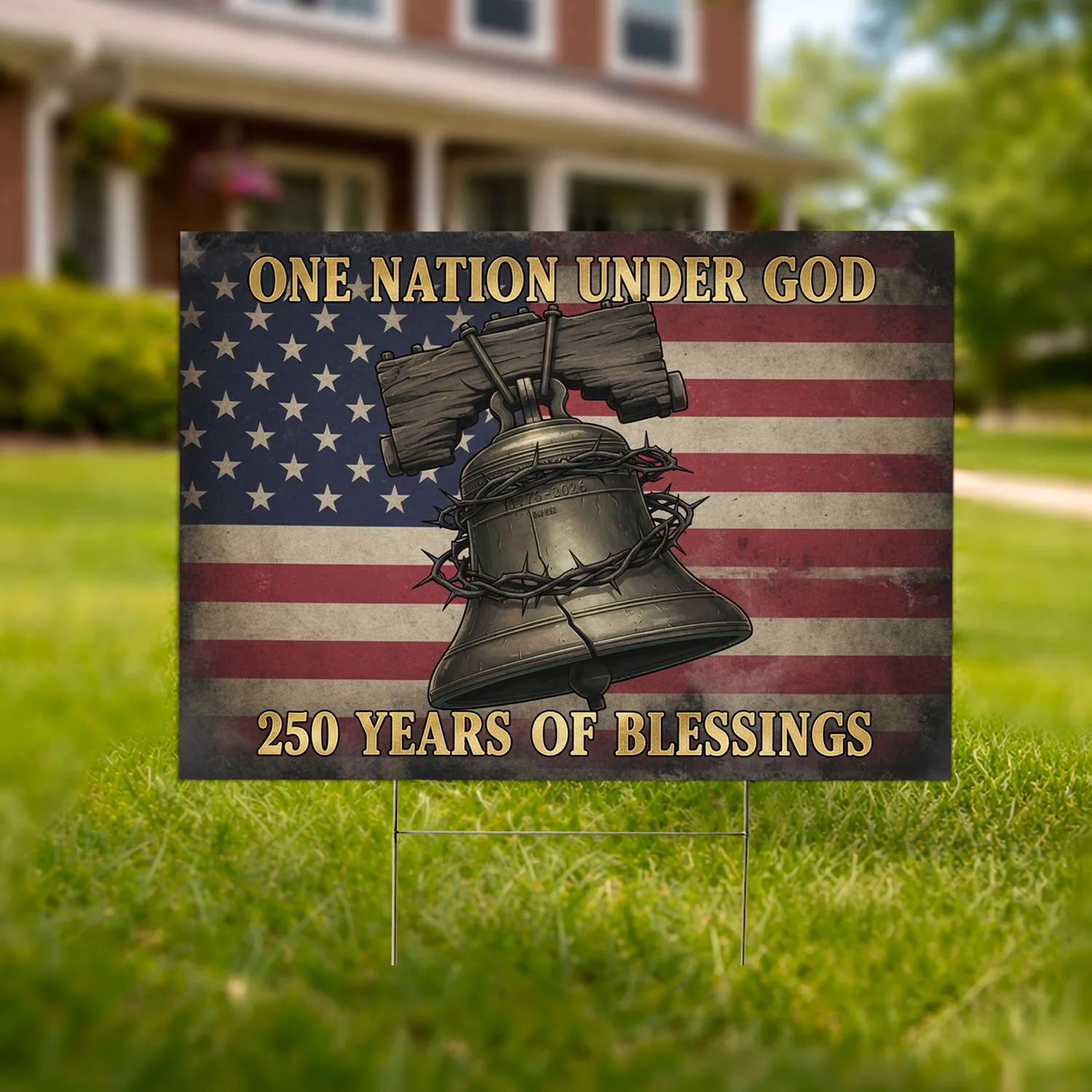 Liberty Bell Distressed American Flag 1776-2026 - One Nation Under God 250th Anniversary Yard Sign - 1