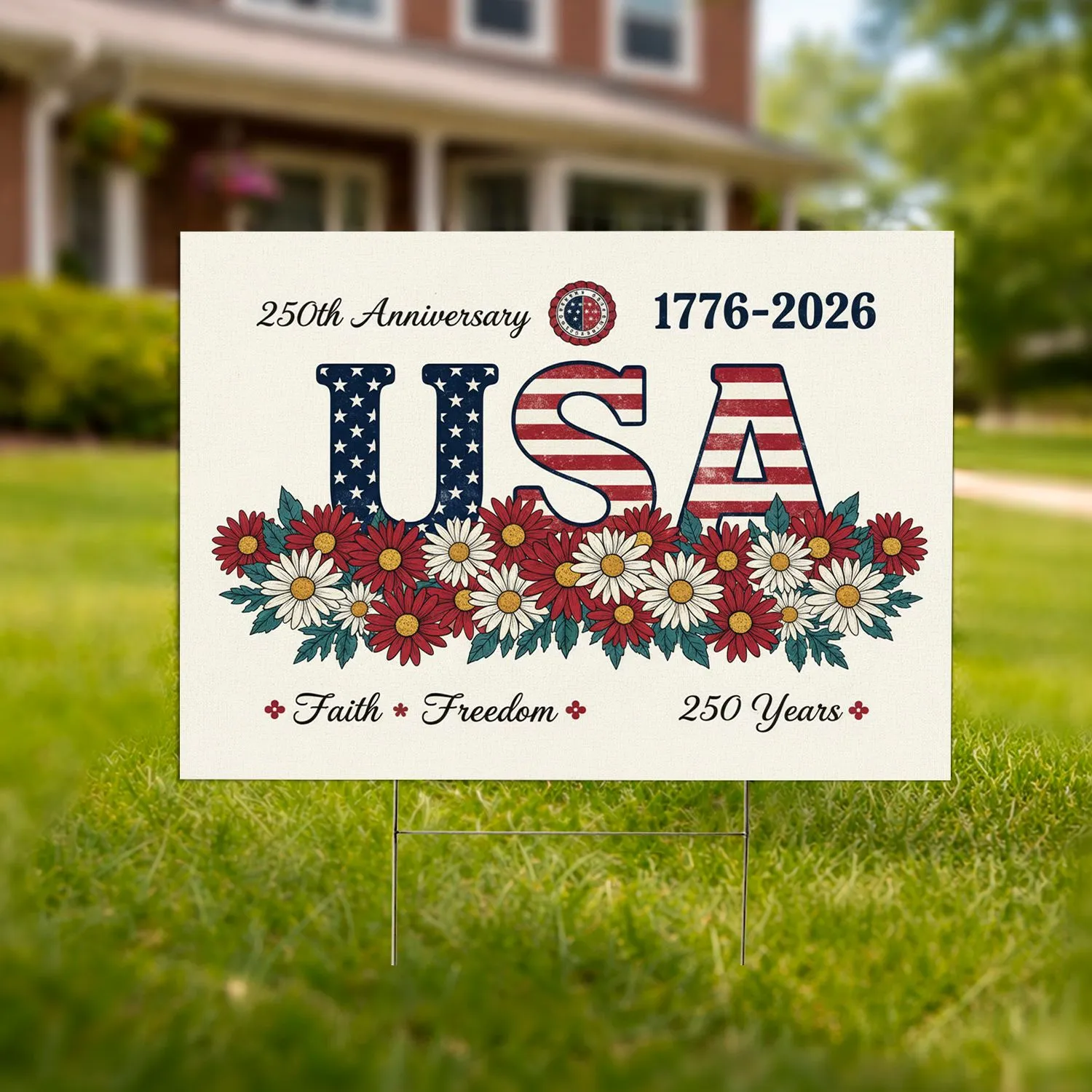 Distressed USA 250th Anniversary 1776-2026 - Floral Daisies Garland Faith Freedom Yard Sign - 1