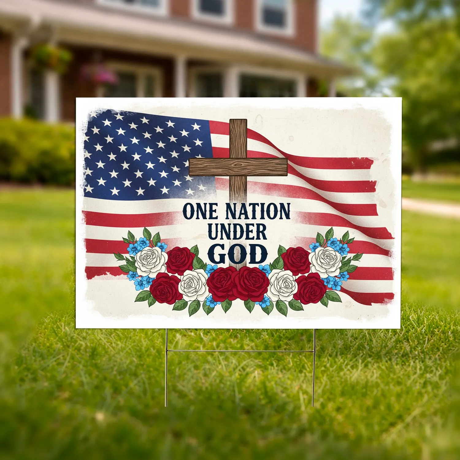 Cross American Flag 'One Nation Under God' Floral Wreath - USA 250th Anniversary 1776-2026 Yard Sign - 1