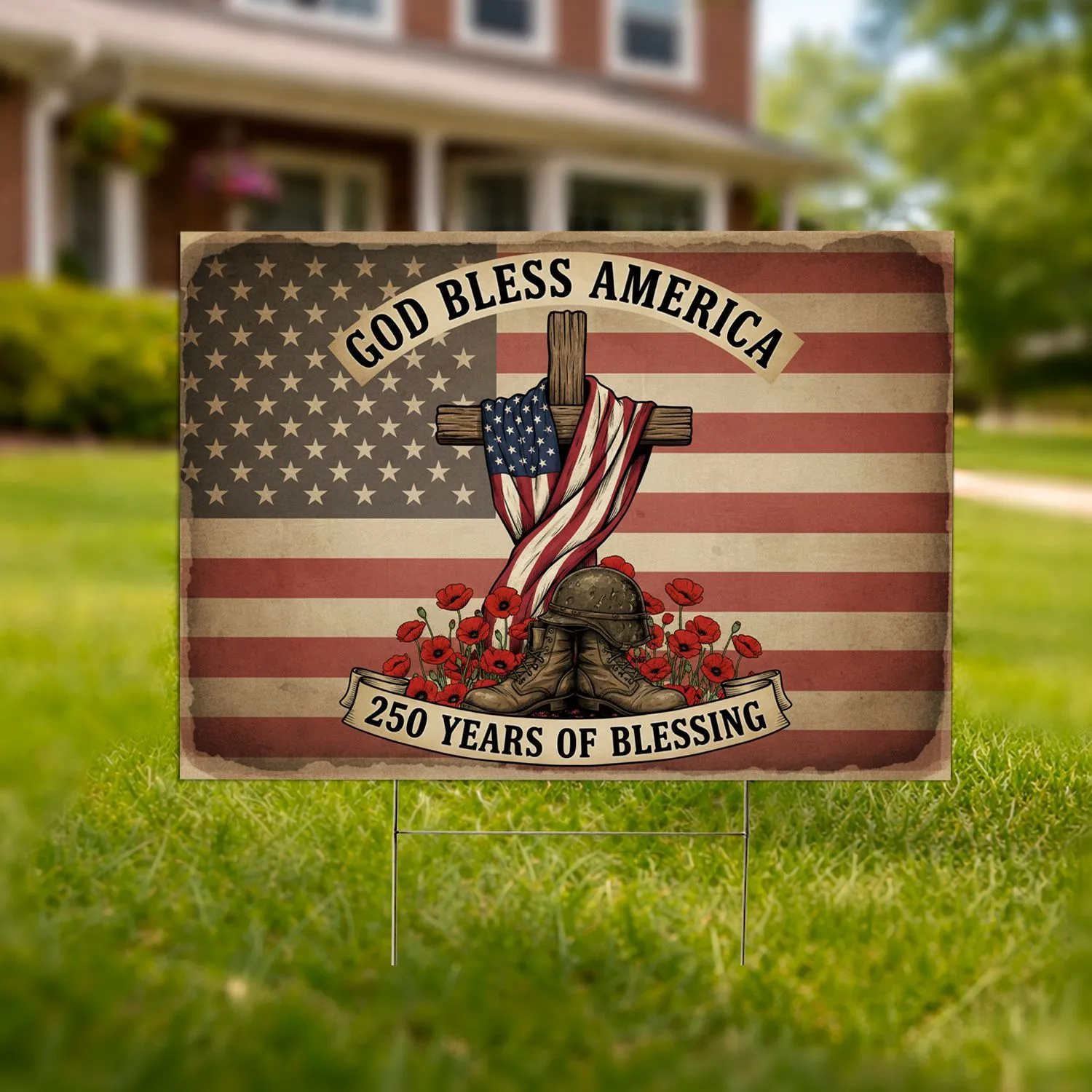 Rustic Cross American Flag Military Boots Poppies - USA 250th Anniversary (1776-2026) Veteran Gift Yard Sign - 1
