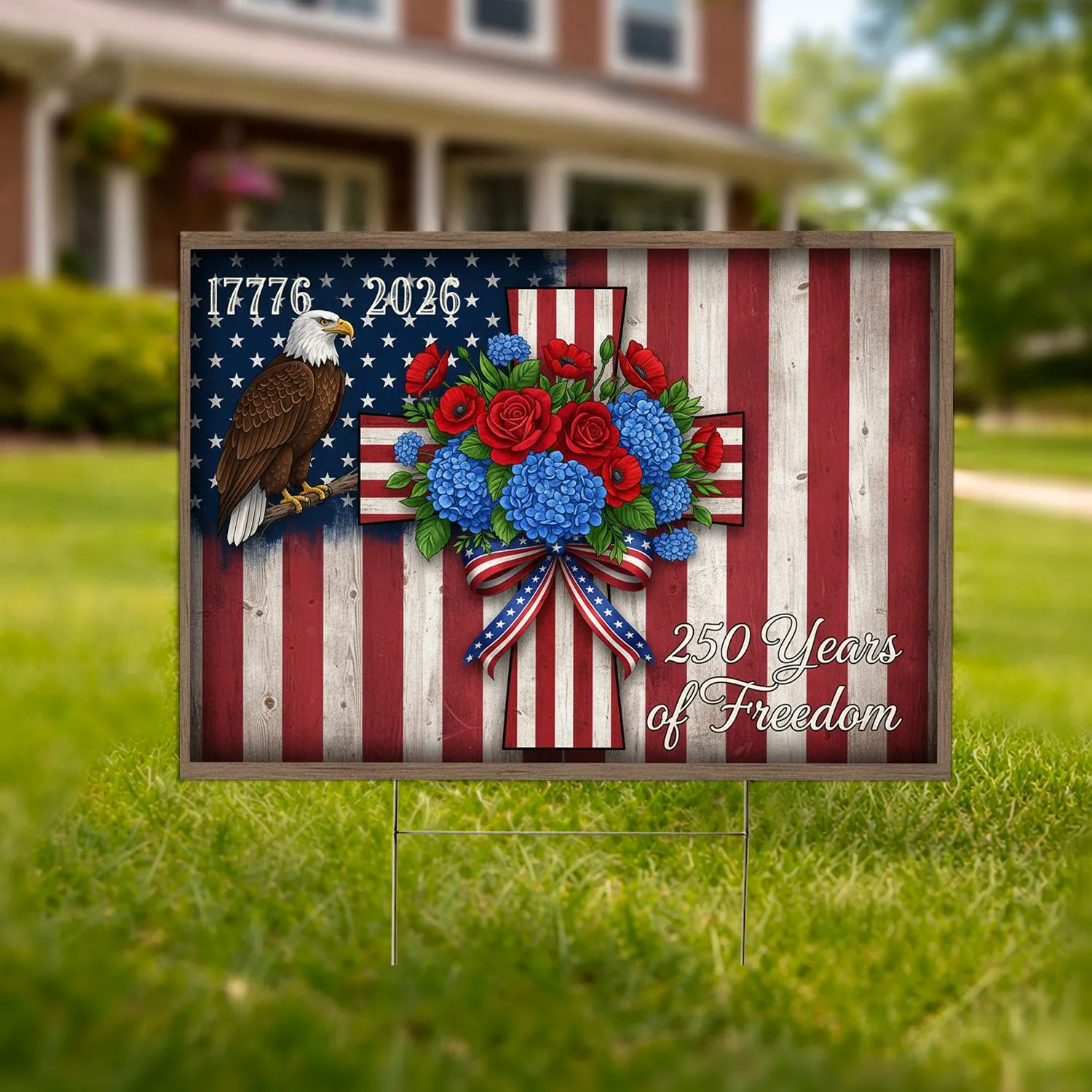 Bald Eagle Cross American Flag 1776-2026 - USA 250th Anniversary Floral Patriotic Yard Sign - 1