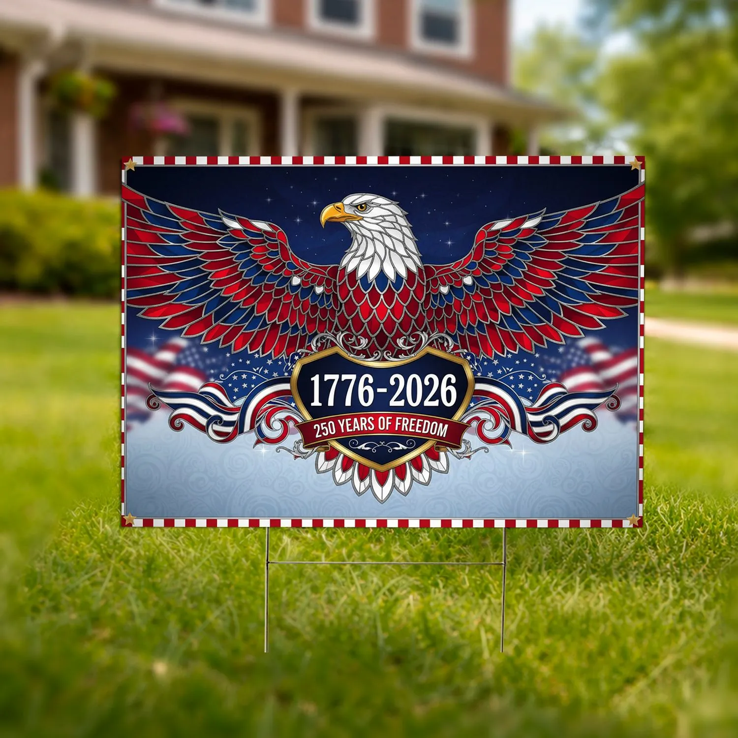 Bald Eagle American Stained Glass 1776-2026 USA 250th Anniversary Patriotic Heart Shield Yard Sign - 1
