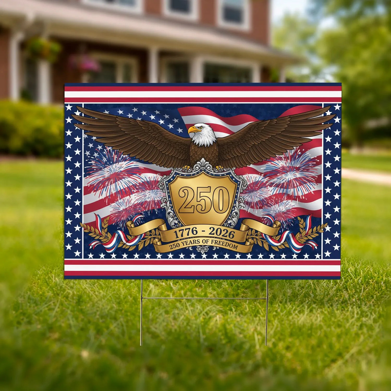 Bald Eagle American Flag 1776-2026 - USA 250th Anniversary Patriotic Fireworks Yard Sign - 1