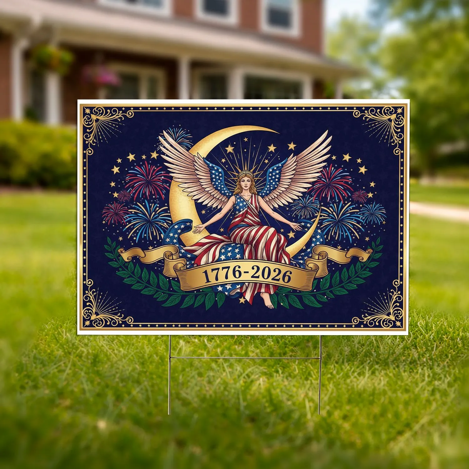 Liberty Spirit Golden Moon 1776-2026 - USA 250th Anniversary Patriotic Stars Filigree Yard Sign - 1