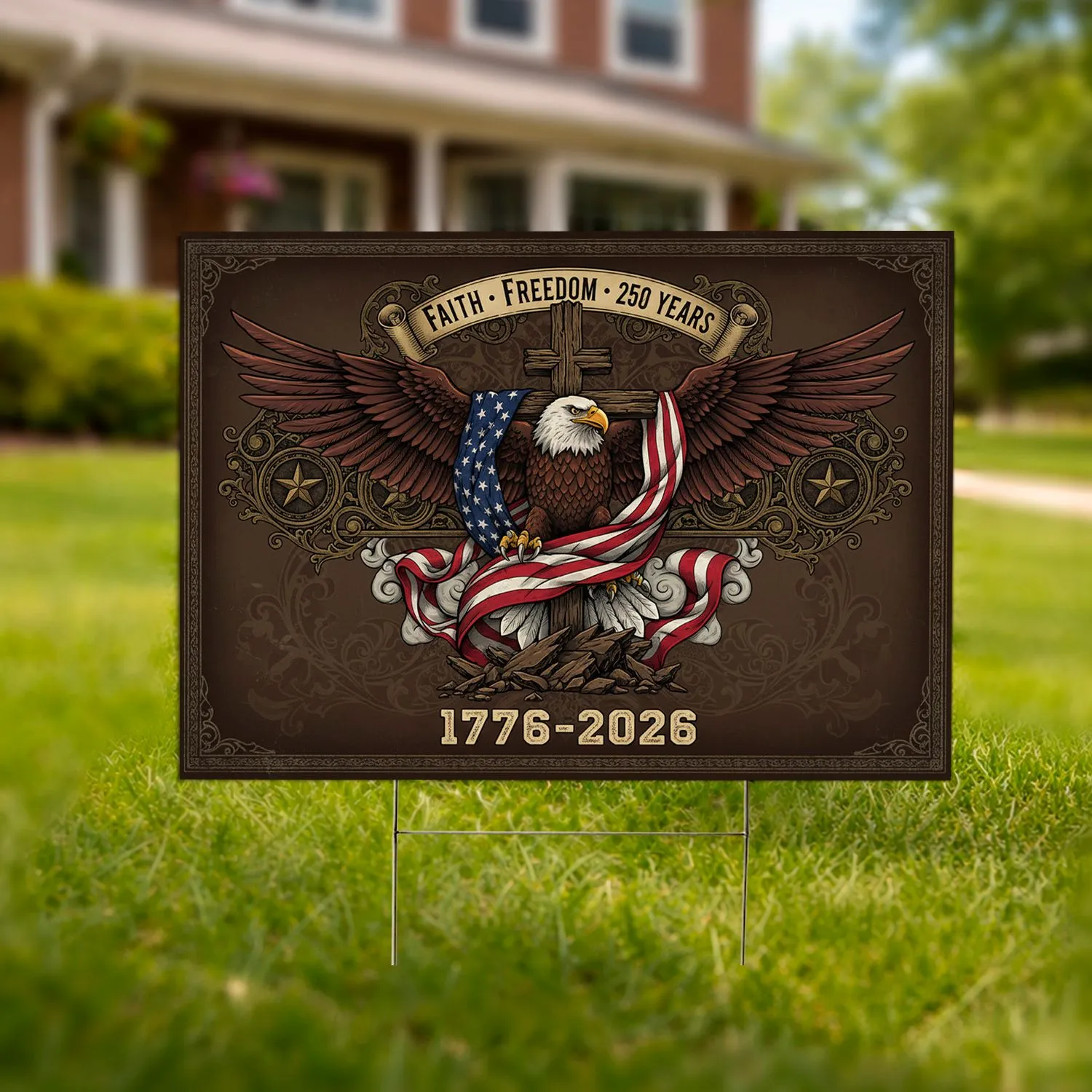 Bald Eagle American Flag Cross 1776-2026 - Patriotic Faith Freedom 250th Anniversary USA Yard Sign - 1