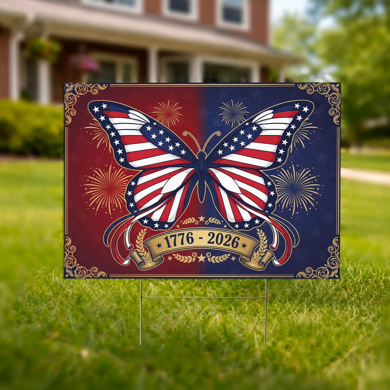 Stained Glass American Flag Butterfly 1776-2026 - USA 250th Anniversary Patriotic Yard Sign - 1