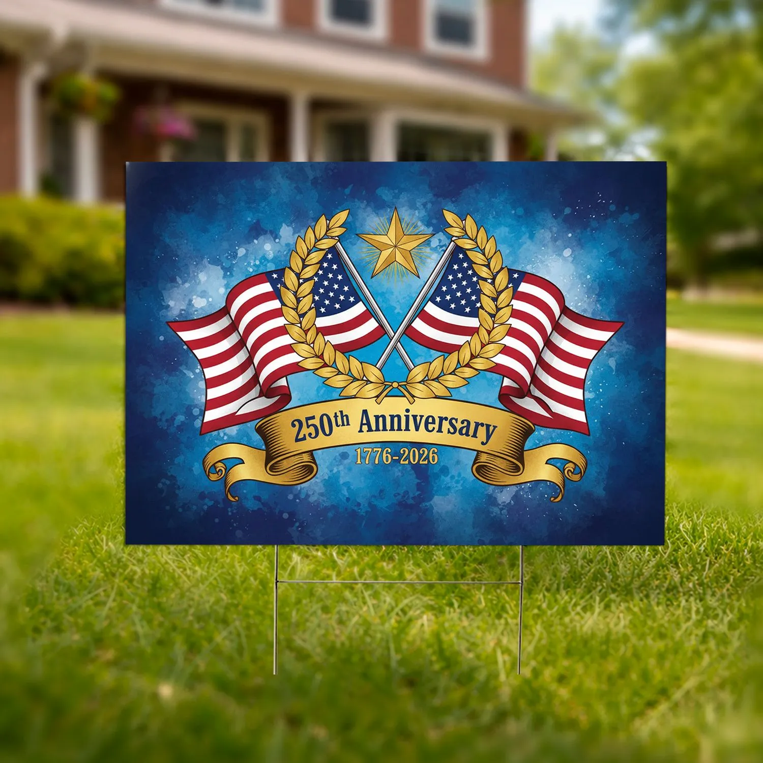 Crossed American Flags Gold Star 250th Anniversary 1776-2026 - USA Independence Day Yard Sign - 1