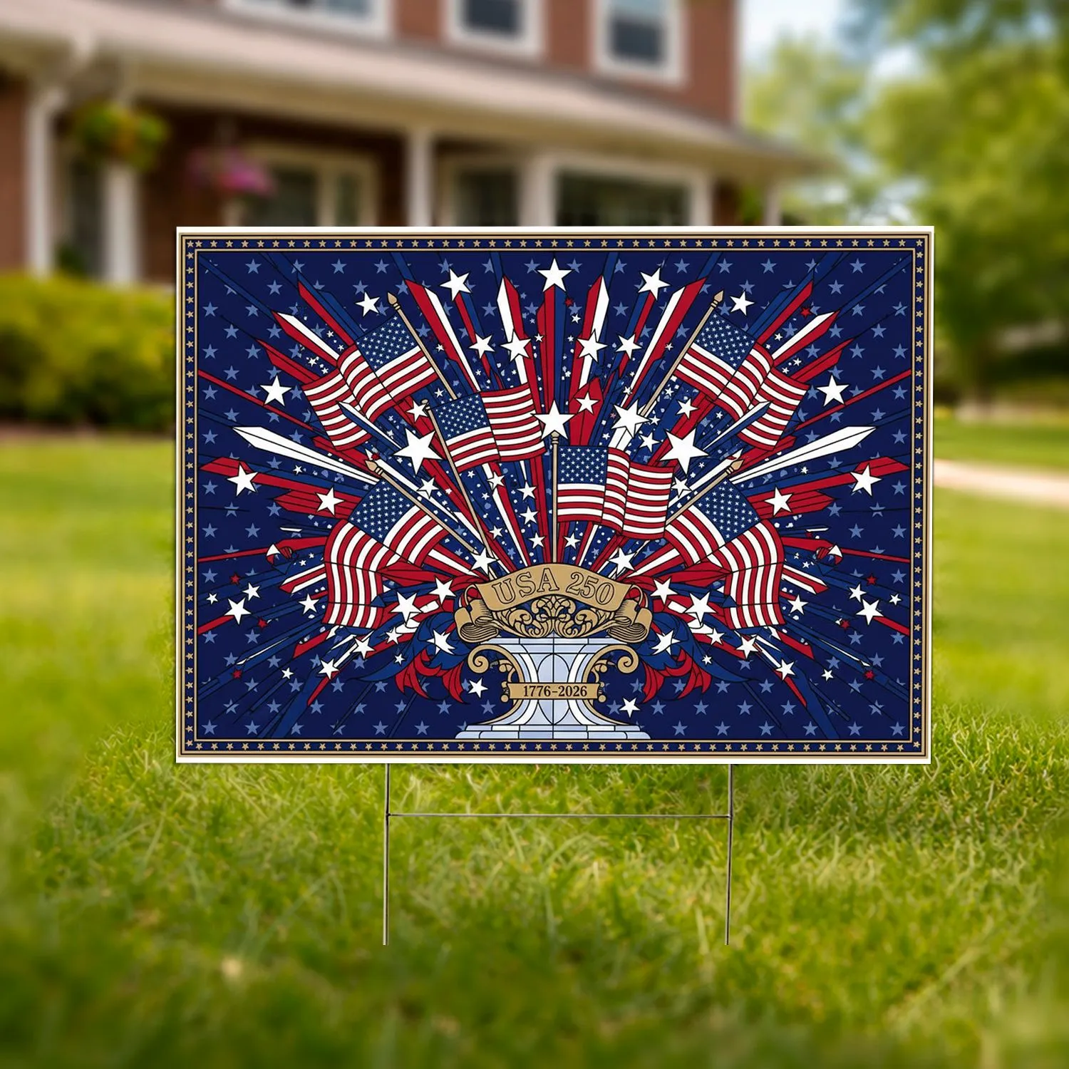 Stained Glass USA 250 American Flag - 1776-2026 Anniversary Patriotic Display Yard Sign - 1
