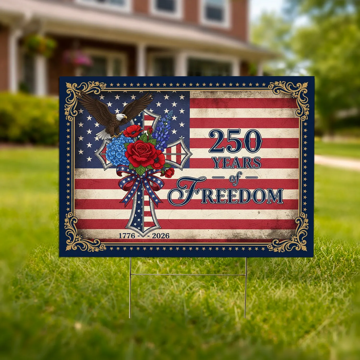 Bald Eagle American Flag Cross 1776-2026 - USA 250th Anniversary of Freedom Yard Sign - 1