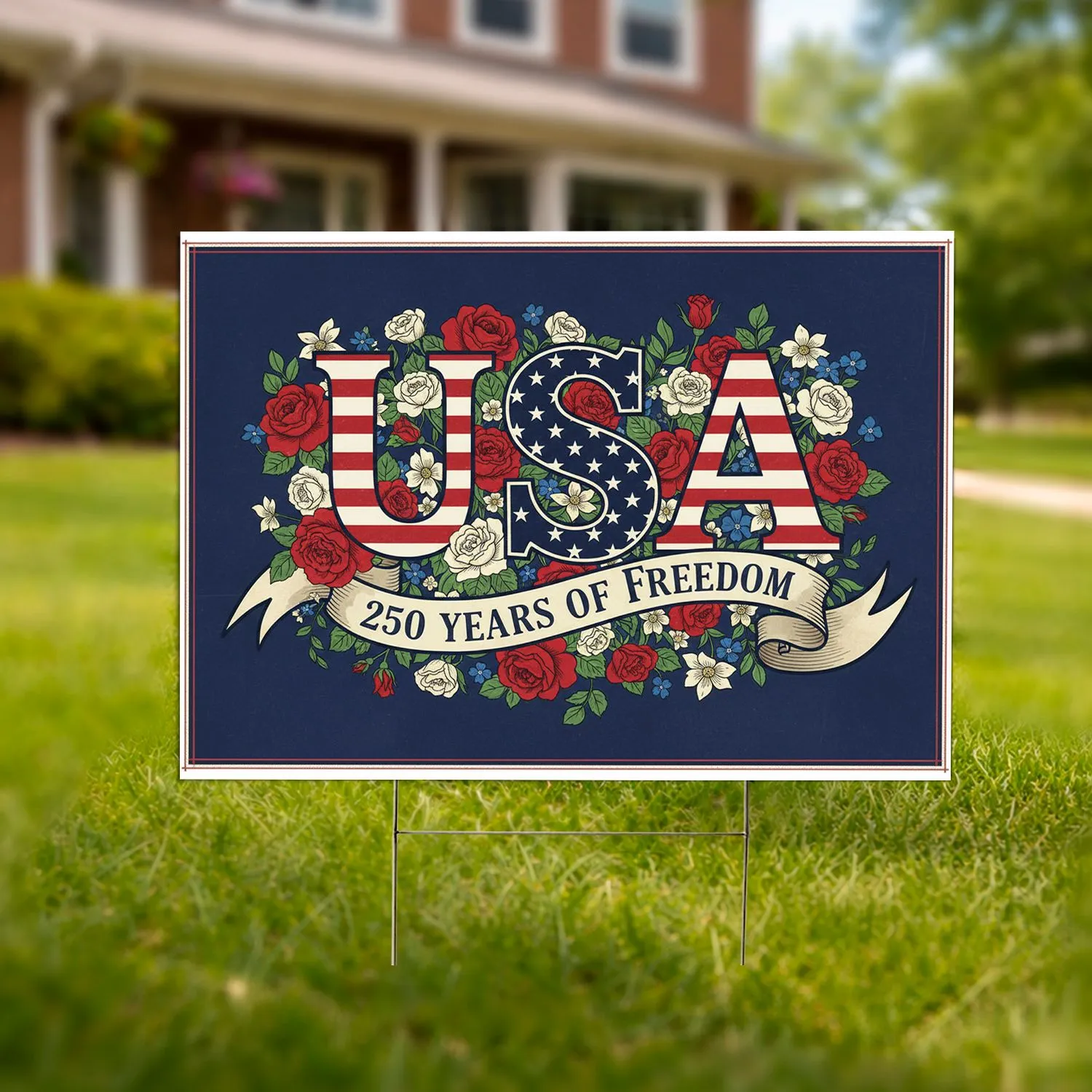 USA Flag Stripes Stars Floral Patriotic 250 Years of Freedom 1776-2026 Independence Day Yard Sign - 1