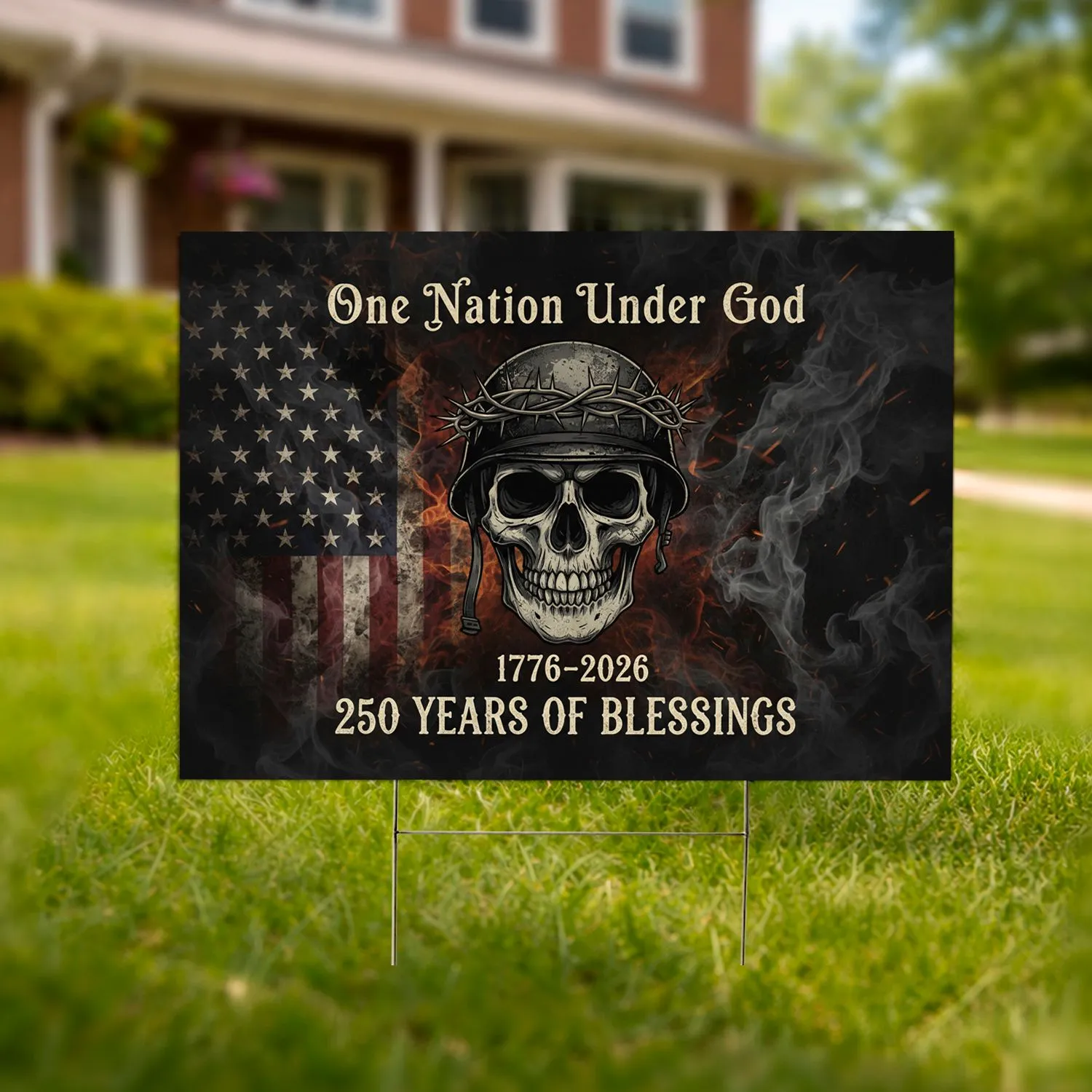 Weathered Skull Military Helmet Flag - One Nation Under God 1776-2026 USA 250 Years Blessings Yard Sign - 1
