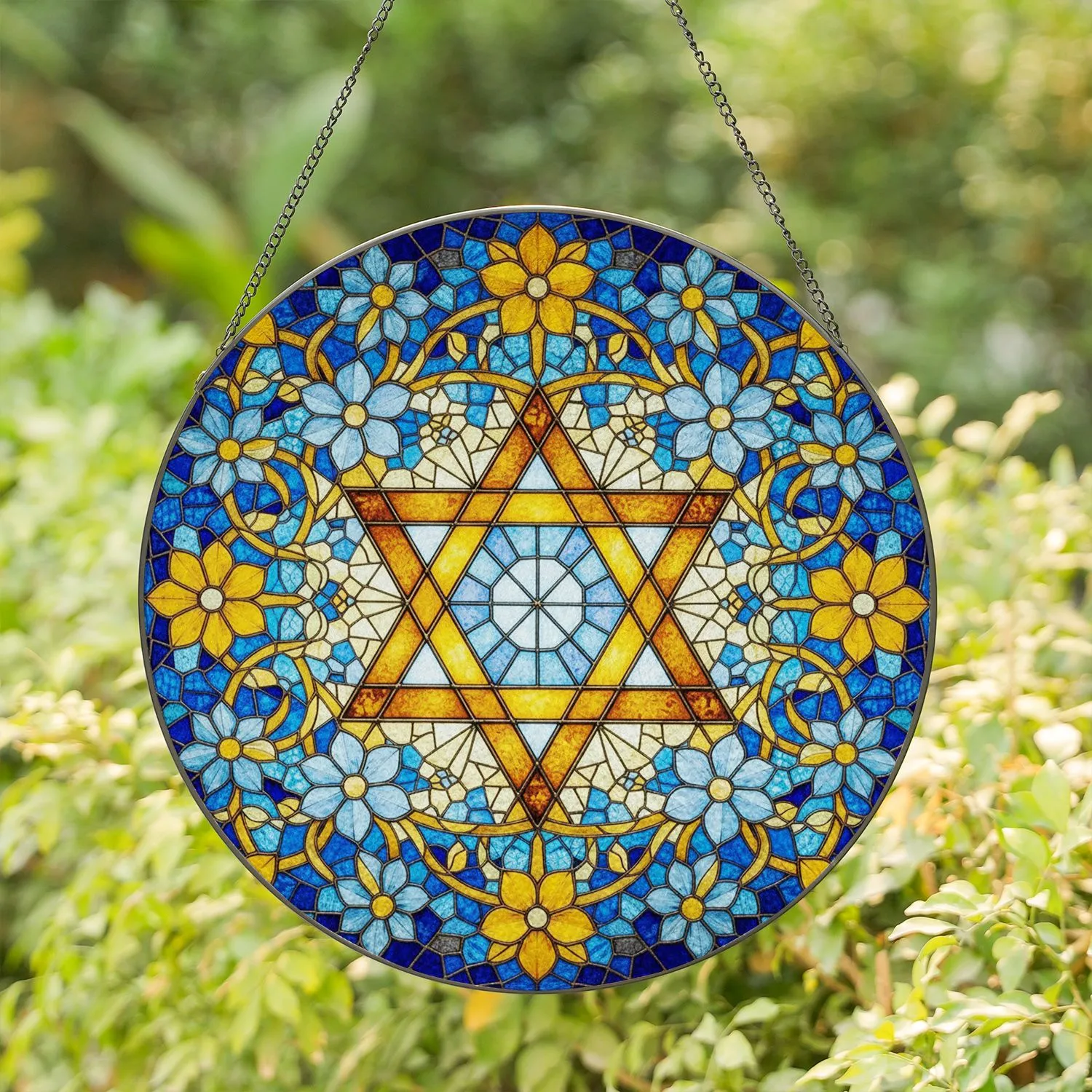 Star of David Geometrically Intricate Tiffany Stained Glass Floral Mosaic Jewel Tones Stained Glass Suncatcher - 1