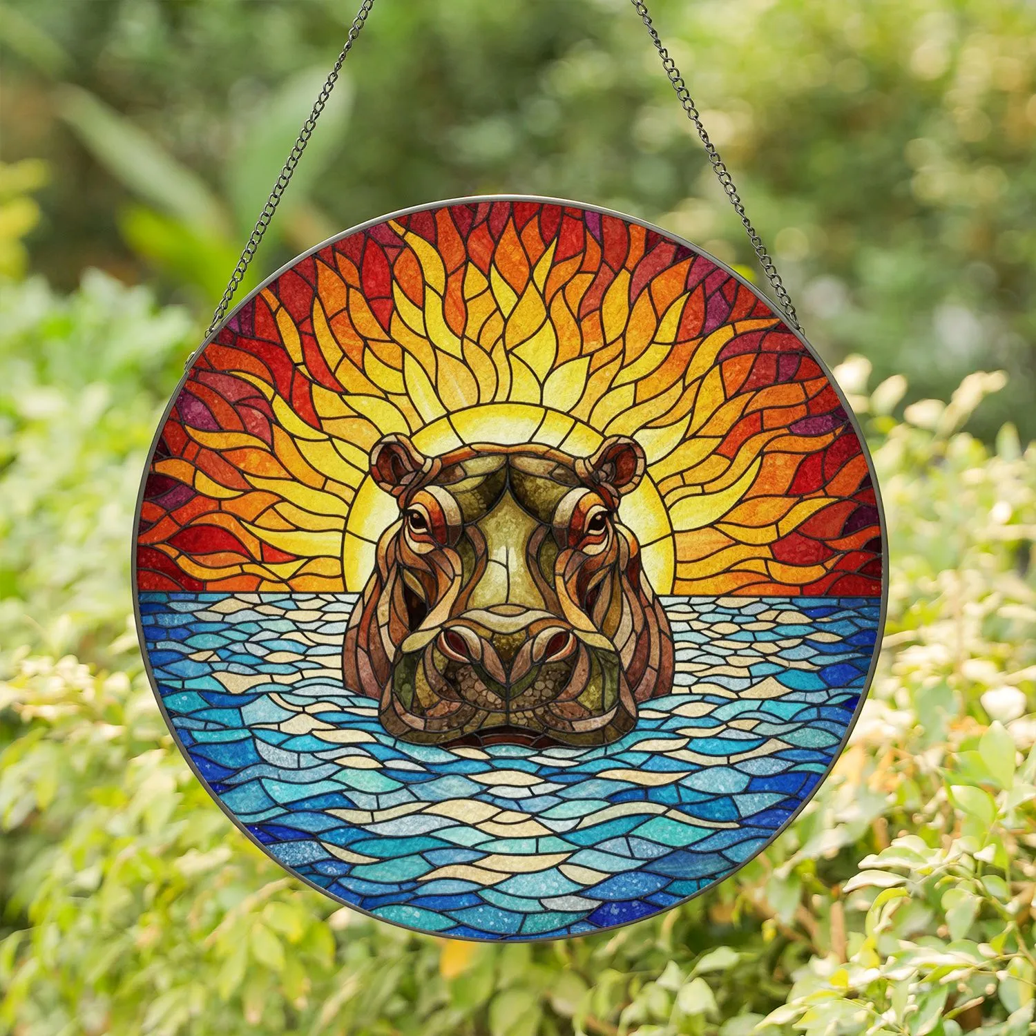 Hippopotamus Head Stained Glass Mosaic Art - Submerged Hippo Water Ripples Sunset Sky Stained Glass Suncatcher - 1