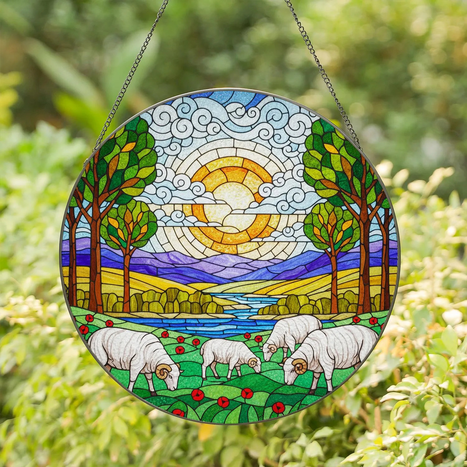 Tiffany Stained Glass Sheep Meadow River Hills Art - Pastoral Nature Scene Home Decor Stained Glass Suncatcher - 1