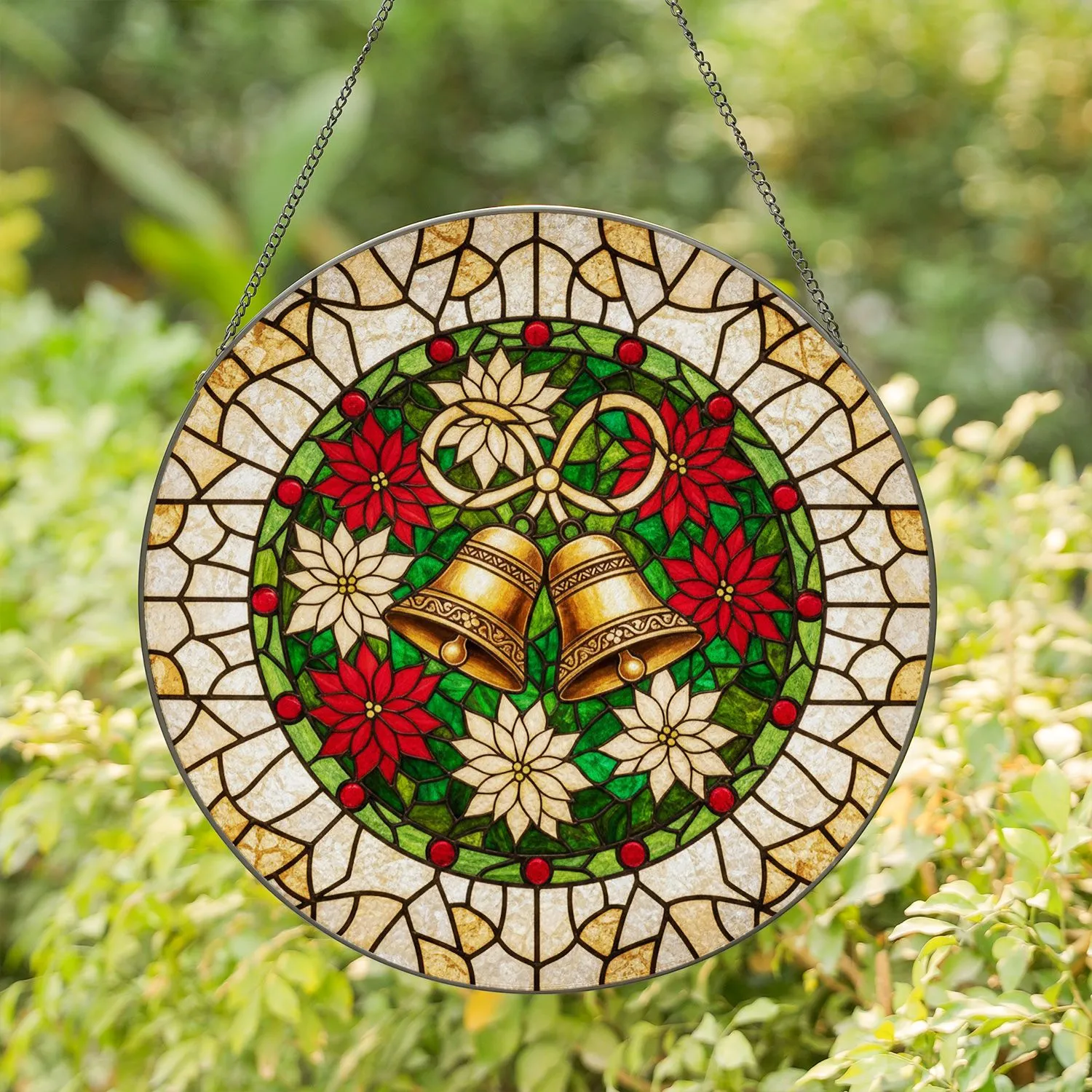 Ornate Brass Christmas Bells Poinsettia Flowers Tiffany Mosaic - Holiday Home Decor Gift Stained Glass Suncatcher - 1