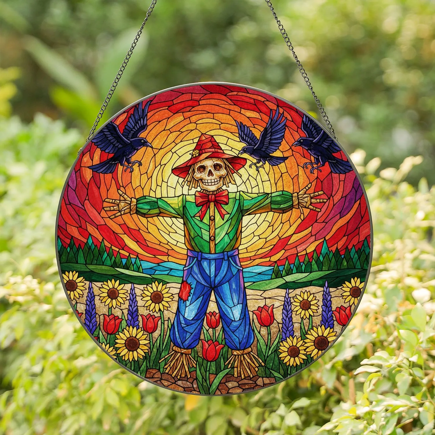 Tiffany Style Stained Glass Scarecrow with Crows & Flowers - Sunset Window Decor Gift Stained Glass Suncatcher - 1