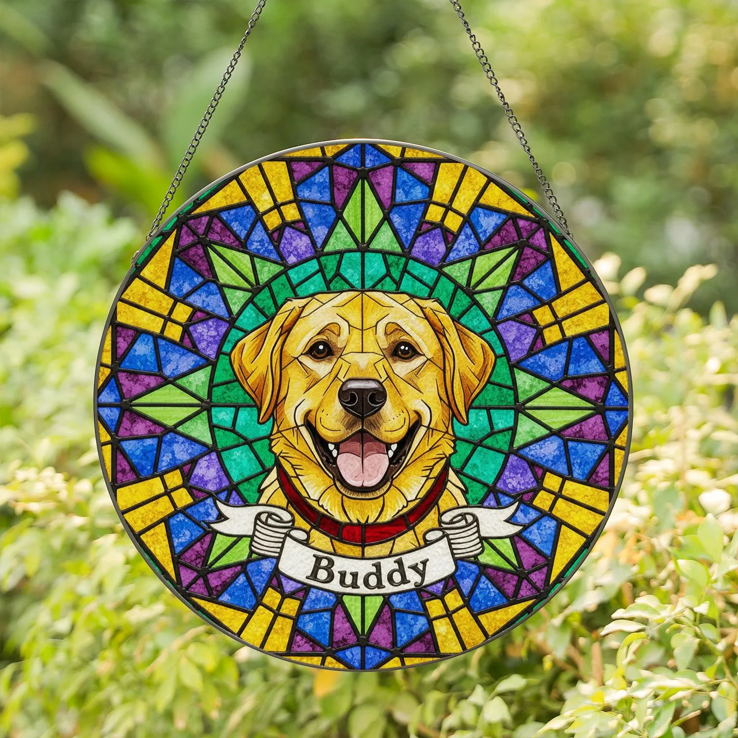 Golden Labrador Retriever Buddy Stained Glass Mosaic Smiling Dog Art Red Collar Stained Glass Suncatcher - 1