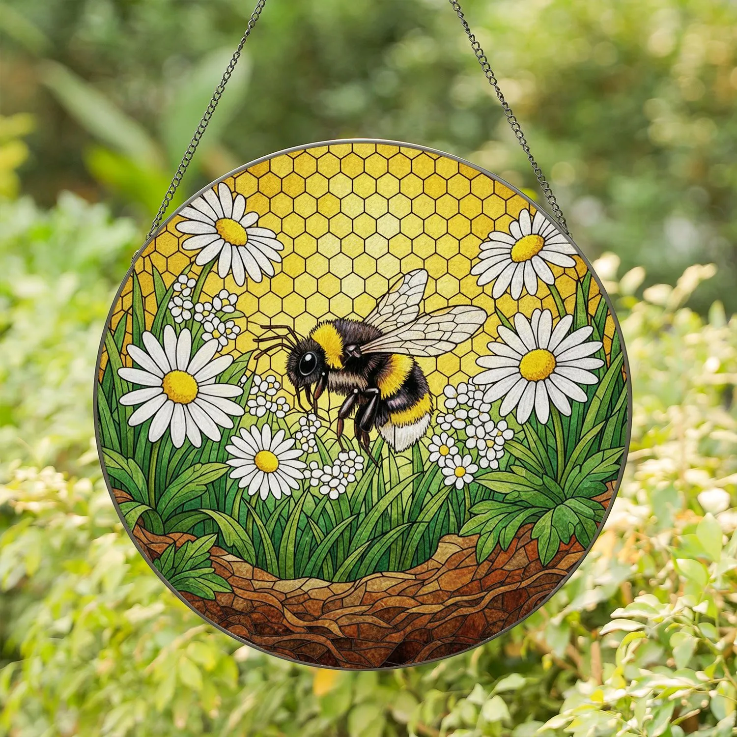 Vibrant Bumblebee Daisy Flowers Honeycomb Stained Glass Art - Tiffany Style Nature Decor Gift Stained Glass Suncatcher - 1