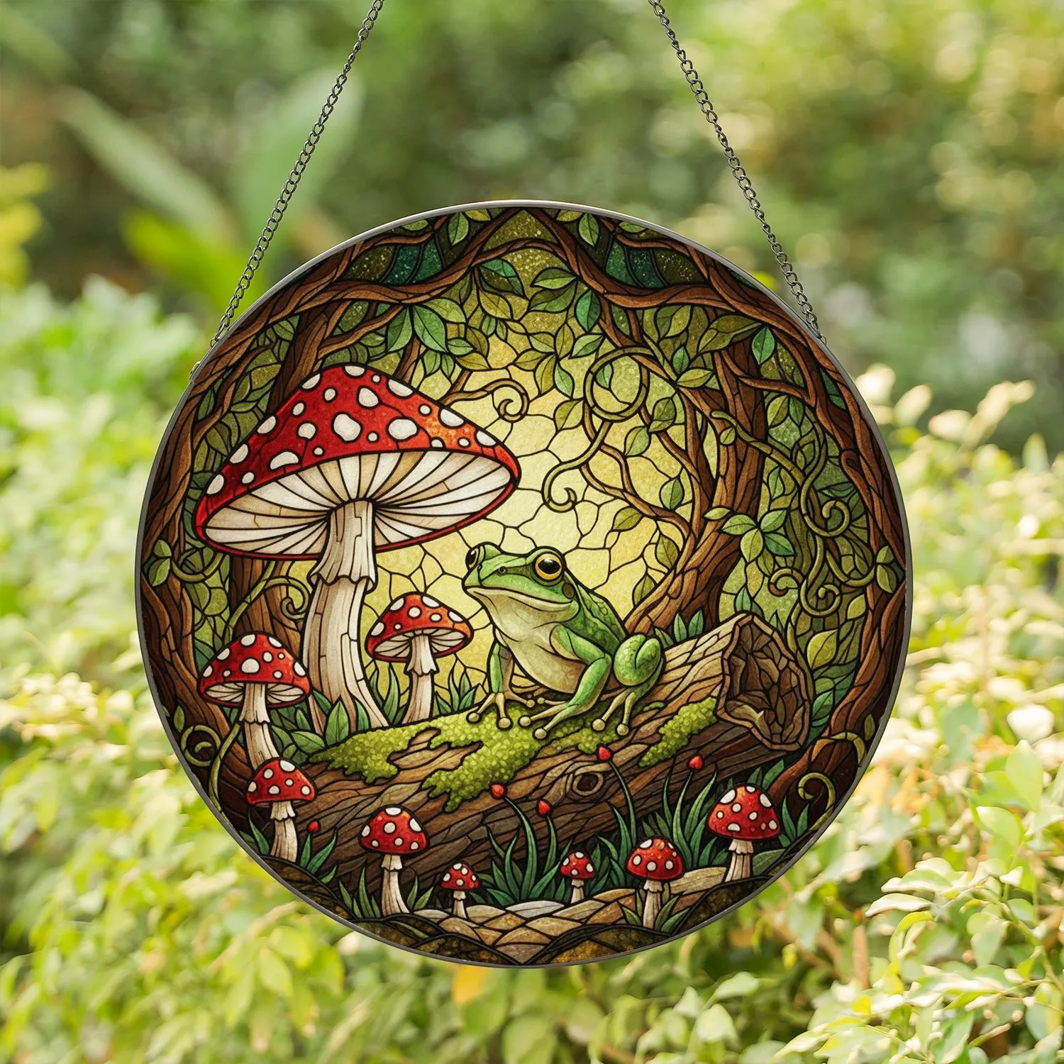 Green Frog Yellow Eyes Red Spotted Toadstool Forest Tiffany Stained Glass - Nature Decor Art Stained Glass Suncatcher - 1