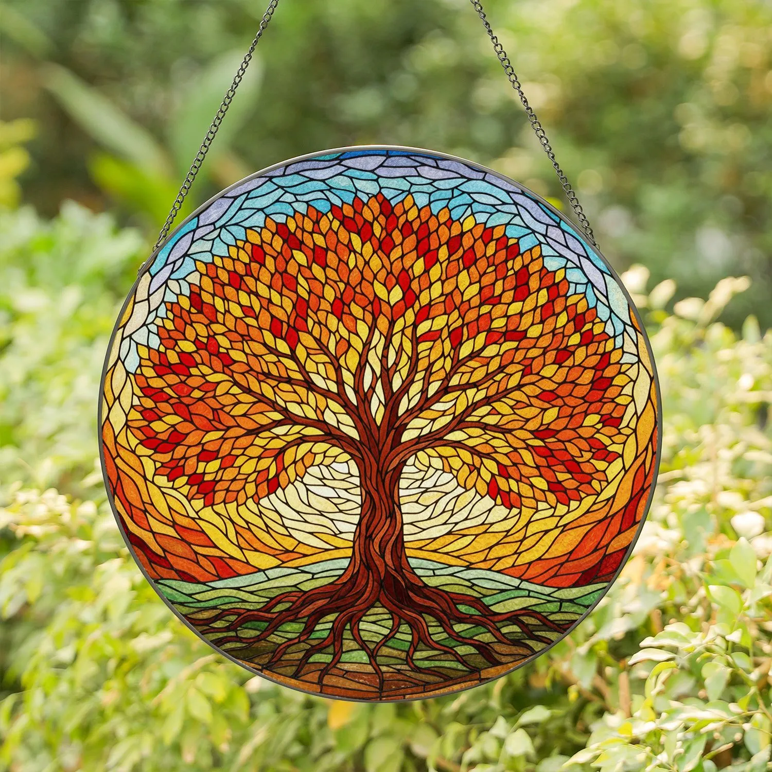 Vibrant Stained Glass Tree of Life Autumn Leaves - Intricate Mosaic Landscape Jewel Tones Stained Glass Suncatcher - 1