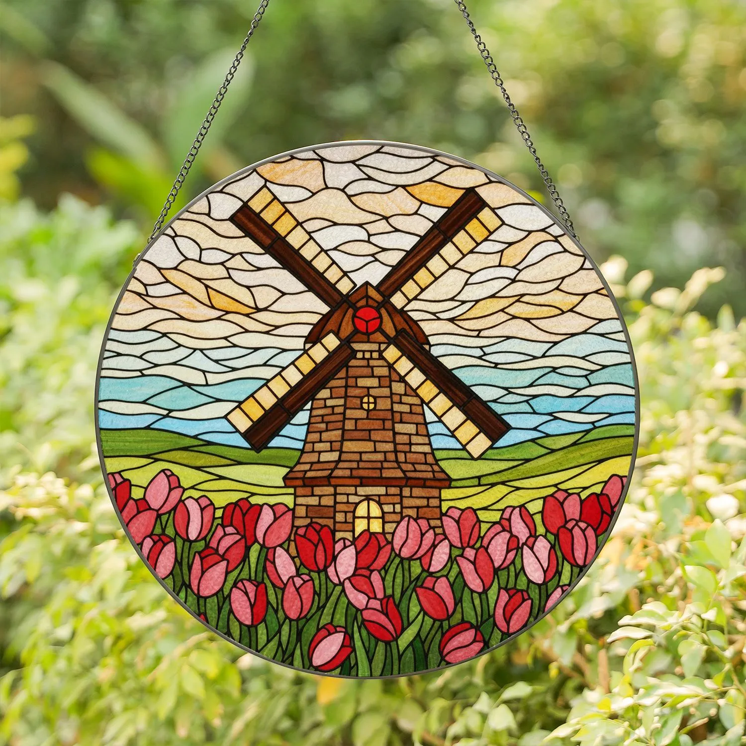 Dutch Windmill Tulip Field Tiffany Glass - Glowing Doorway Translucent Home Decor Stained Glass Suncatcher - 1