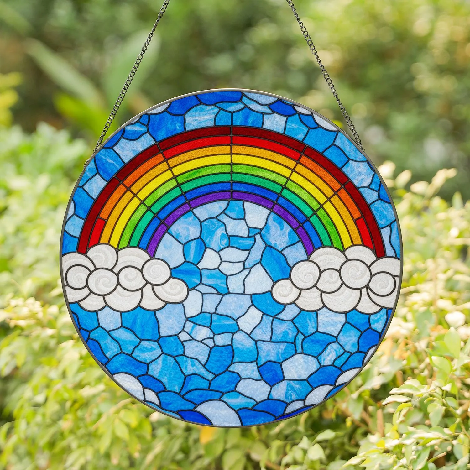 Vibrant Stained Glass Rainbow Clouds Sky Mosaic - Colorful Intricate Tiffany Style Art Stained Glass Suncatcher - 1