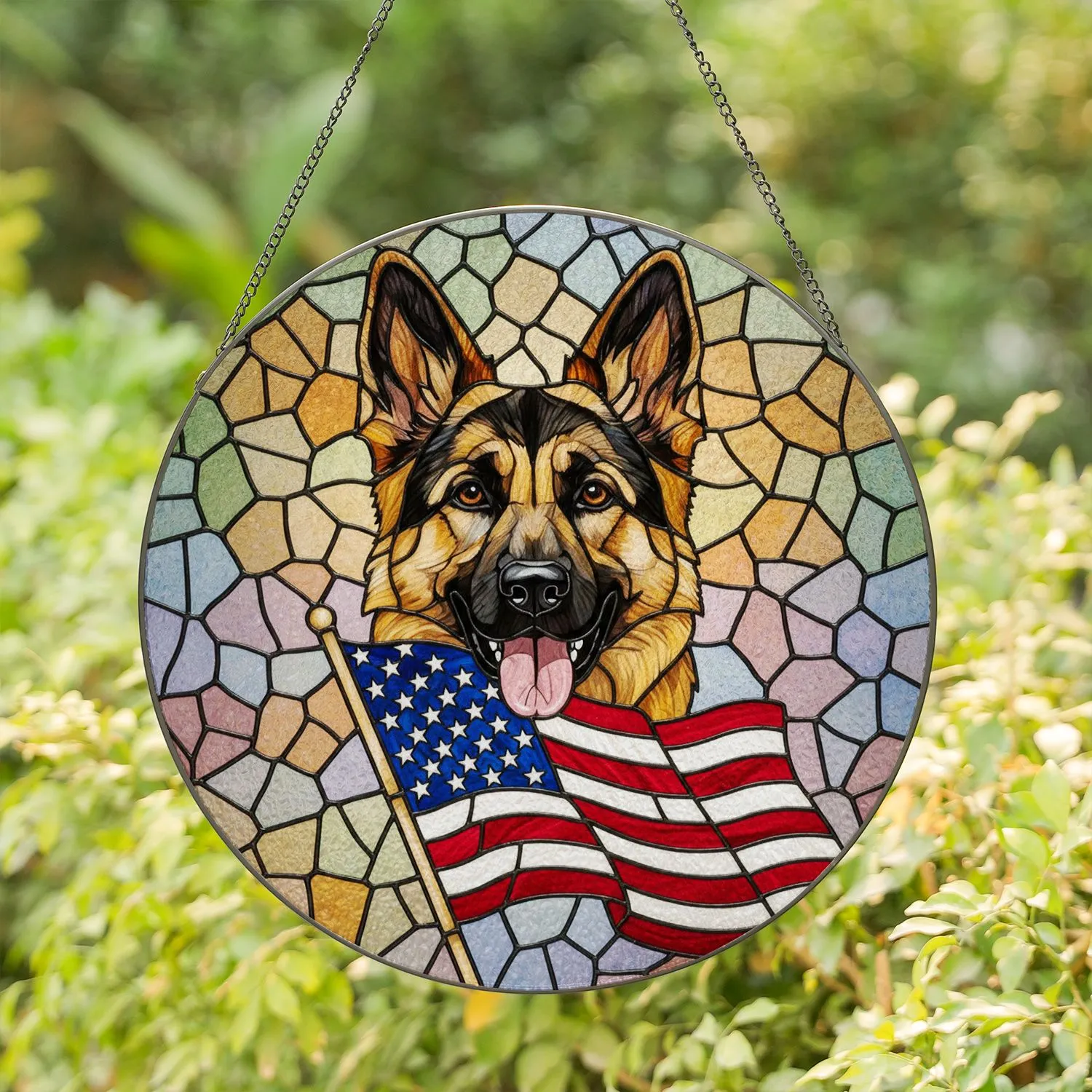 German Shepherd American Flag Stained Glass Patriotic Dog Lover Decor Gift for Home Stained Glass Suncatcher - 1