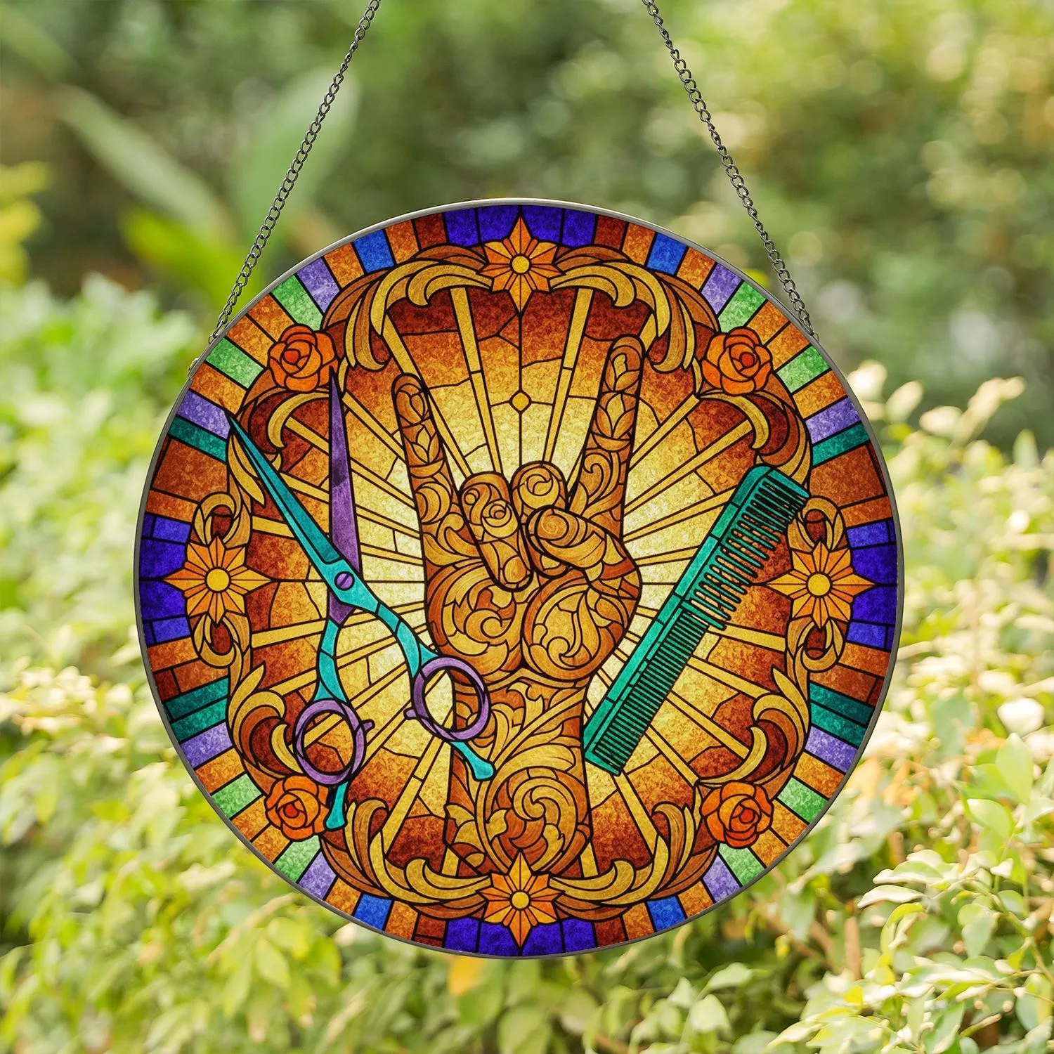 Rock On Hand Stained Glass Hairdressing Tools - Jewel Tones Scissors Comb Organic Patterns Stained Glass Suncatcher - 1
