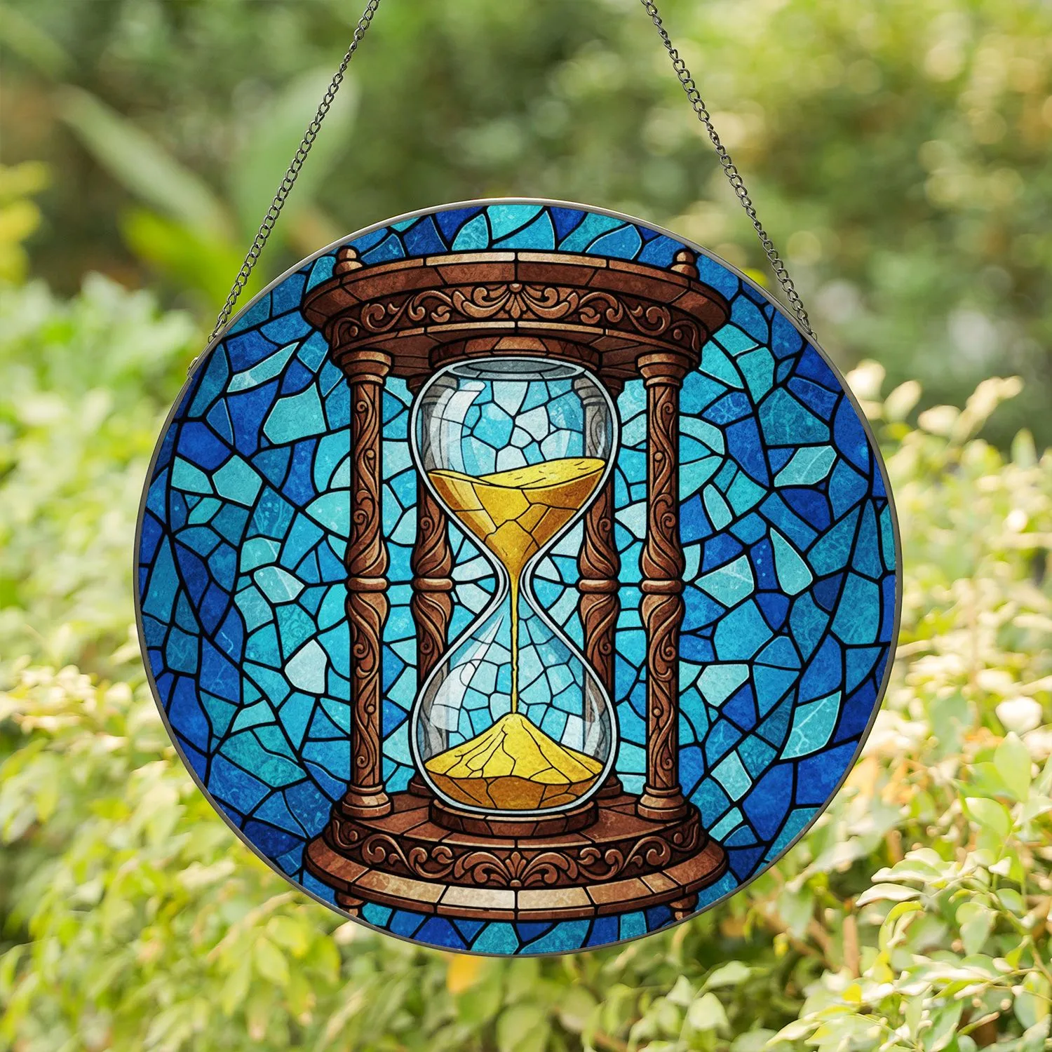 Ornate Hourglass Stained Glass Mosaic Art with Teal Blue Golden Yellow & Brown Tones Stained Glass Suncatcher - 1