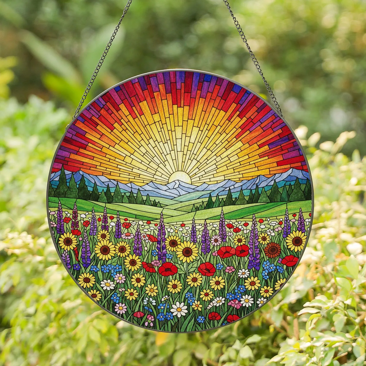 Tiffany Style Stained Glass Wildflower Meadow Landscape Radiant Sun Hills Sunset Sky Stained Glass Suncatcher - 1