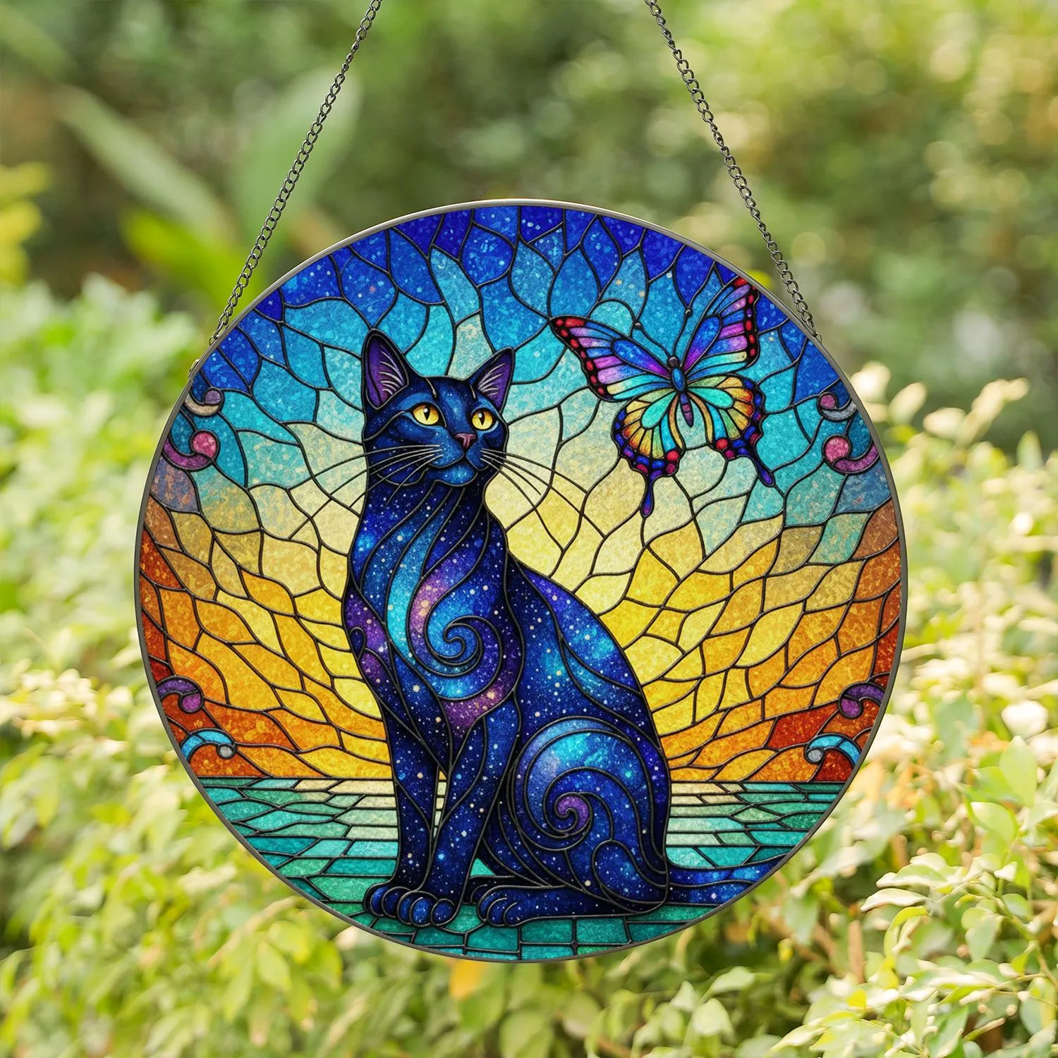 Celestial Black Cat Galaxy Pattern Butterfly Tiffany Glass Mosaic Rippled Jewel Tones Stained Glass Suncatcher - 1