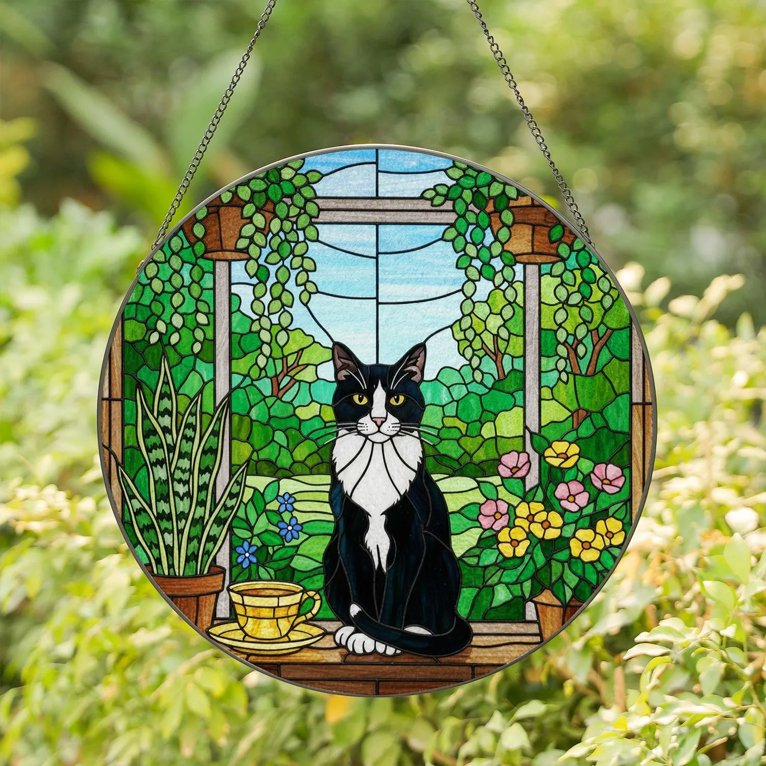 Tuxedo Cat Stained Glass Window Garden Art with Potted Plants & Teacup - Cat Lover Decor Stained Glass Suncatcher - 1