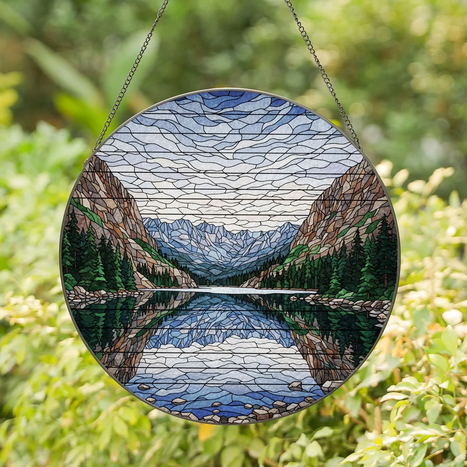 Mountain Lake Scene Jagged Rocks Coniferous Trees Rocky Shoreline - Tiffany Glass Jewel Tones Stained Glass Suncatcher - 1