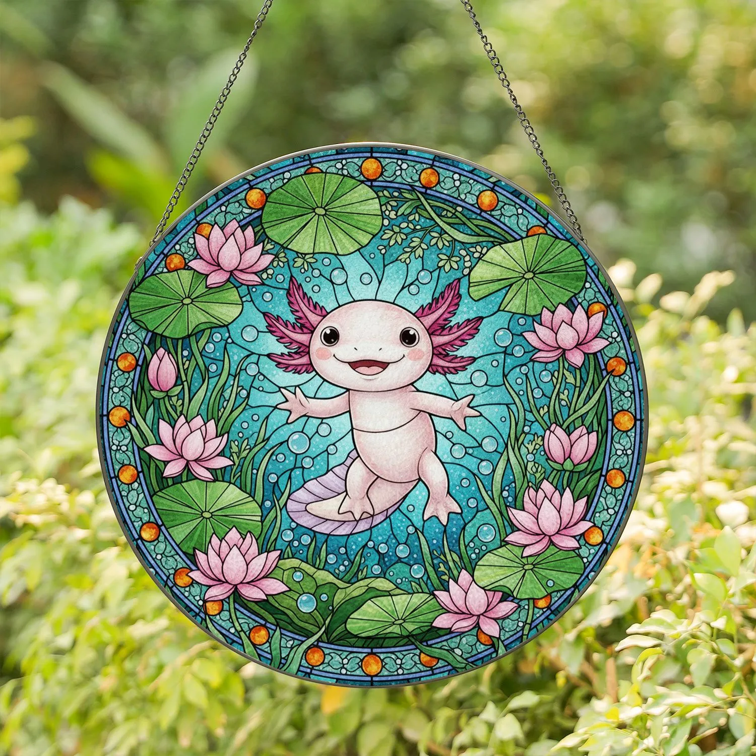 Smiling Axolotl Water Lilies Tiffany Stained Glass Underwater Aquatic Ecosystem Decor Stained Glass Suncatcher - 1