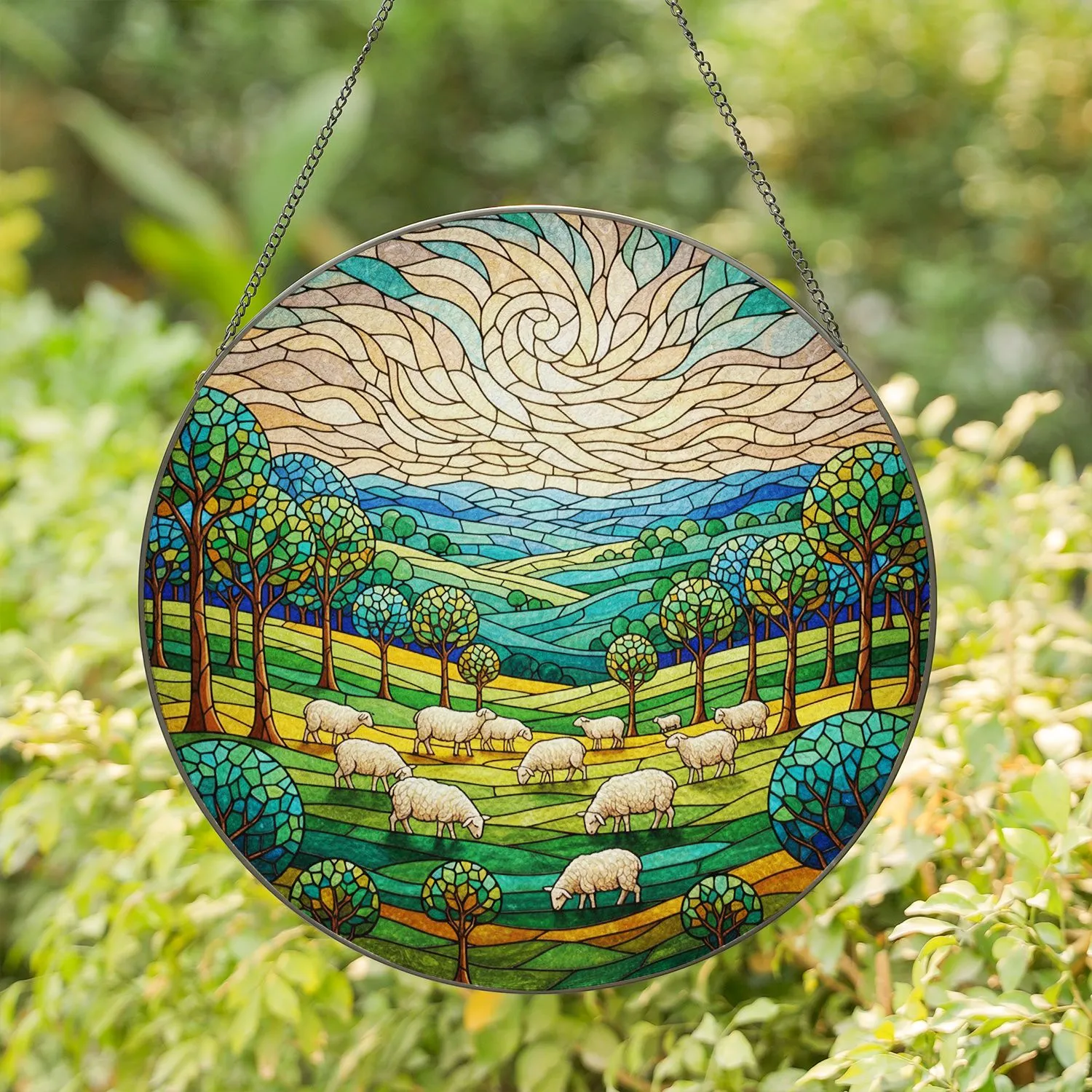White Sheep Grazing Rolling Hills Tiffany Stained Glass - Vibrant Sky Jewel Tones Stained Glass Suncatcher - 1