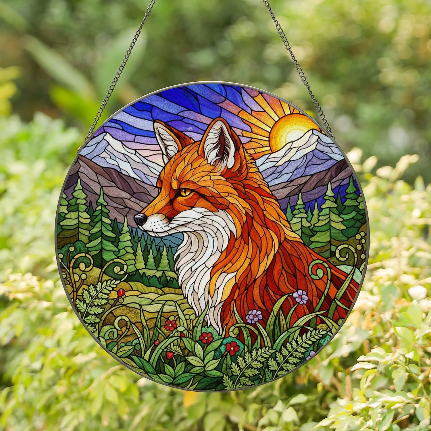 Red Fox Stained Glass Tiffany Style Mountain Forest Evergreens Stained Glass Suncatcher - 1