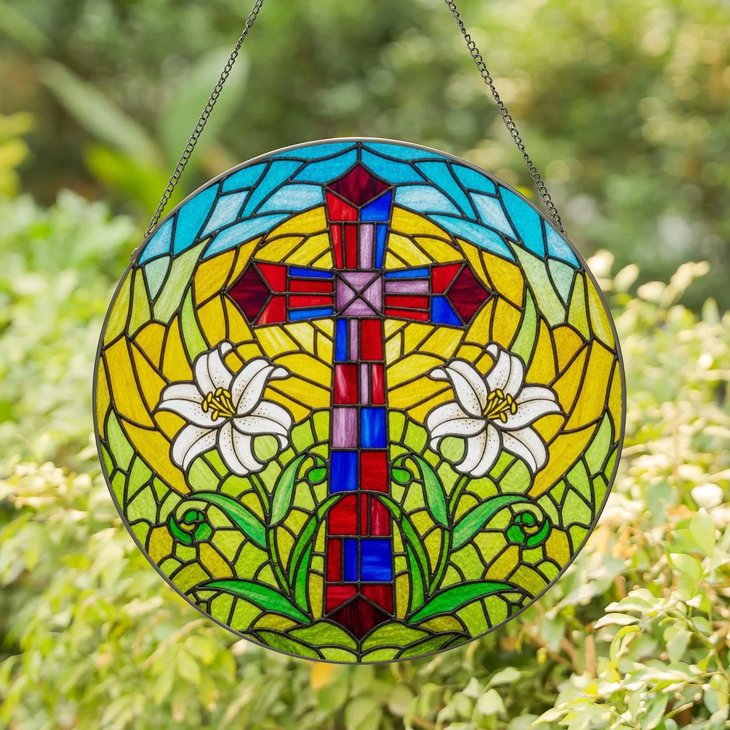 Tiffany Style Stained Glass Christian Cross Easter Lilies Mosaic Art Religious Spiritual Gift Stained Glass Suncatcher - 1