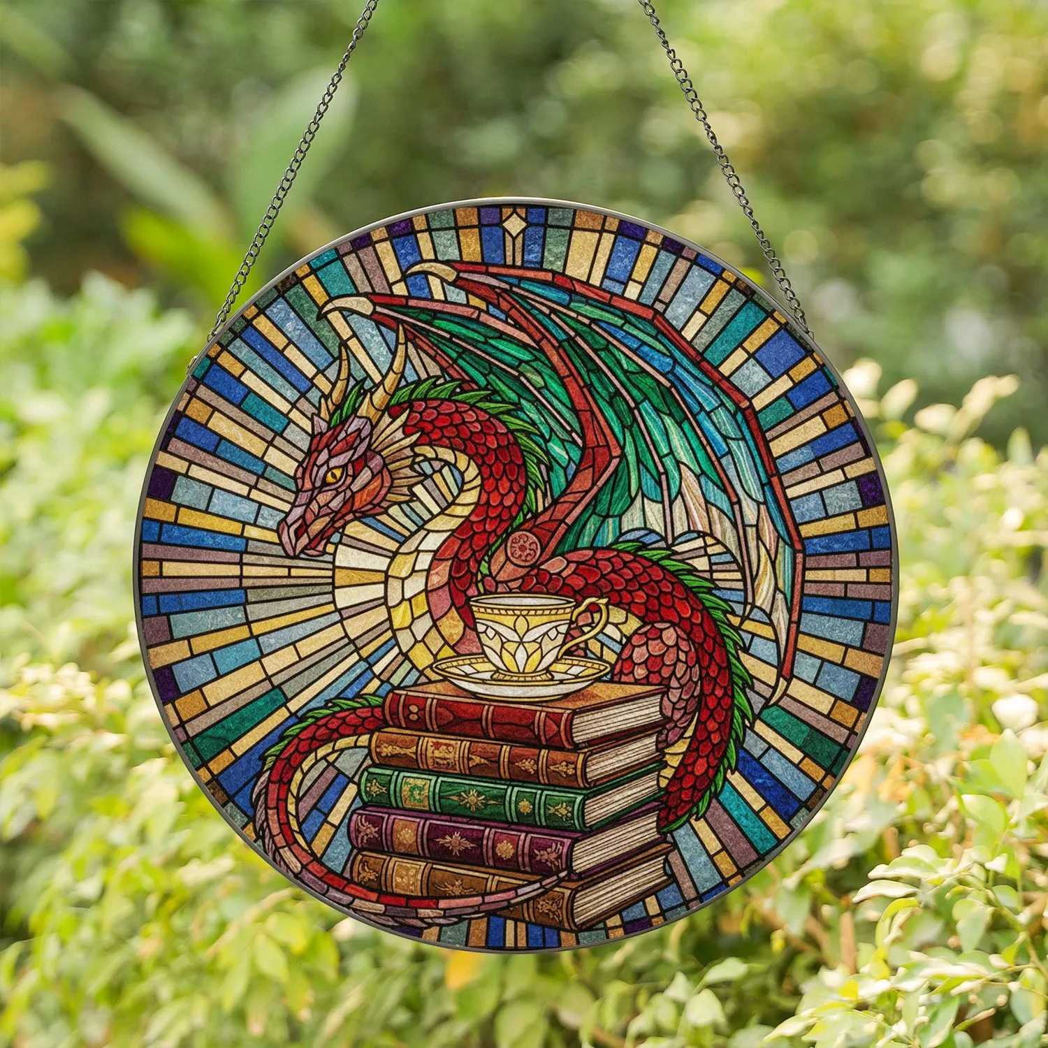 Majestic Colorful Dragon Coiled Books Teacup Stained Glass Tiffany Style Jewel Tones Stained Glass Suncatcher - 1