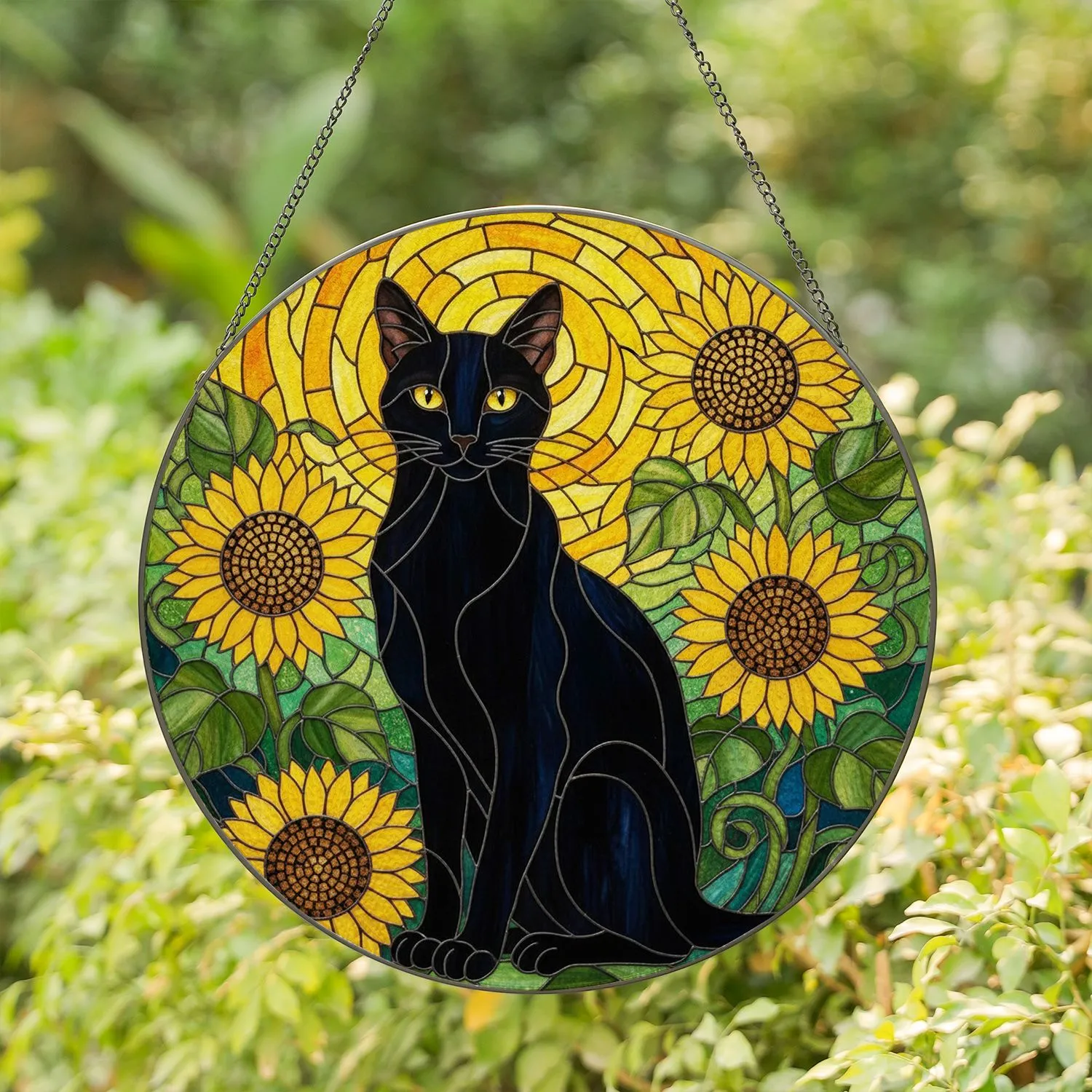 Black Cat Sunflowers Tiffany Style Stained Glass Mosaic Sunny Garden Window Display Stained Glass Suncatcher - 1