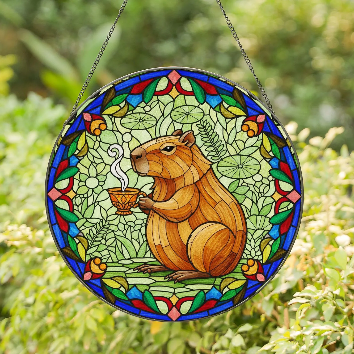 Fluffy Capybara Teacup Stained Glass Art - Tiffany Inspired Translucent Botanical Mosaic Stained Glass Suncatcher - 1