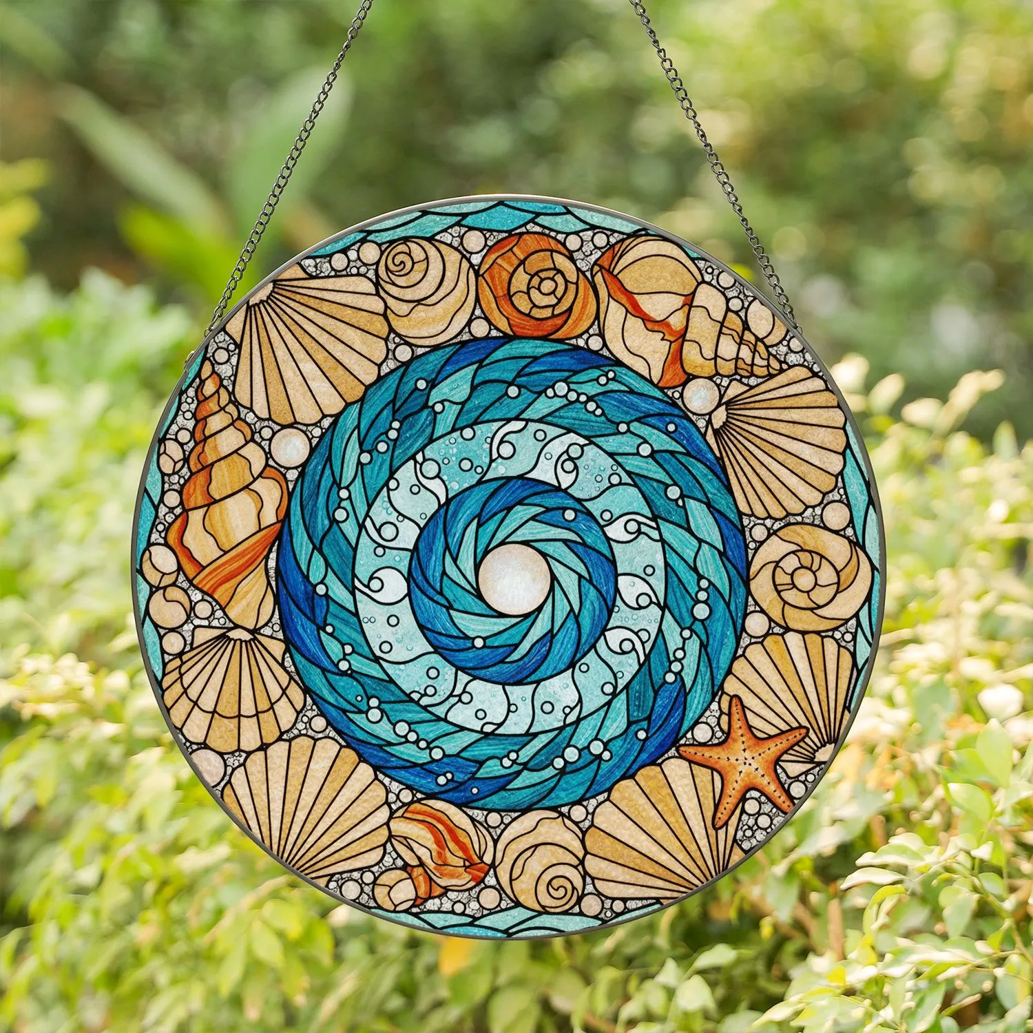 Ocean Wave Nautilus Shell Stained Glass Seashell Starfish Pearl - Beach Decor Gift Stained Glass Suncatcher - 1
