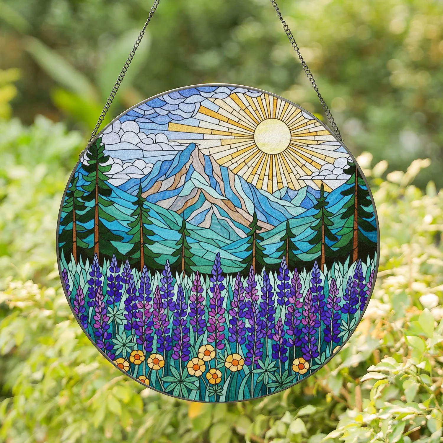Towering Lupine Wildflowers Majestic Mountain Range Radiant Sun Tiffany Stained Glass Artwork Stained Glass Suncatcher - 1