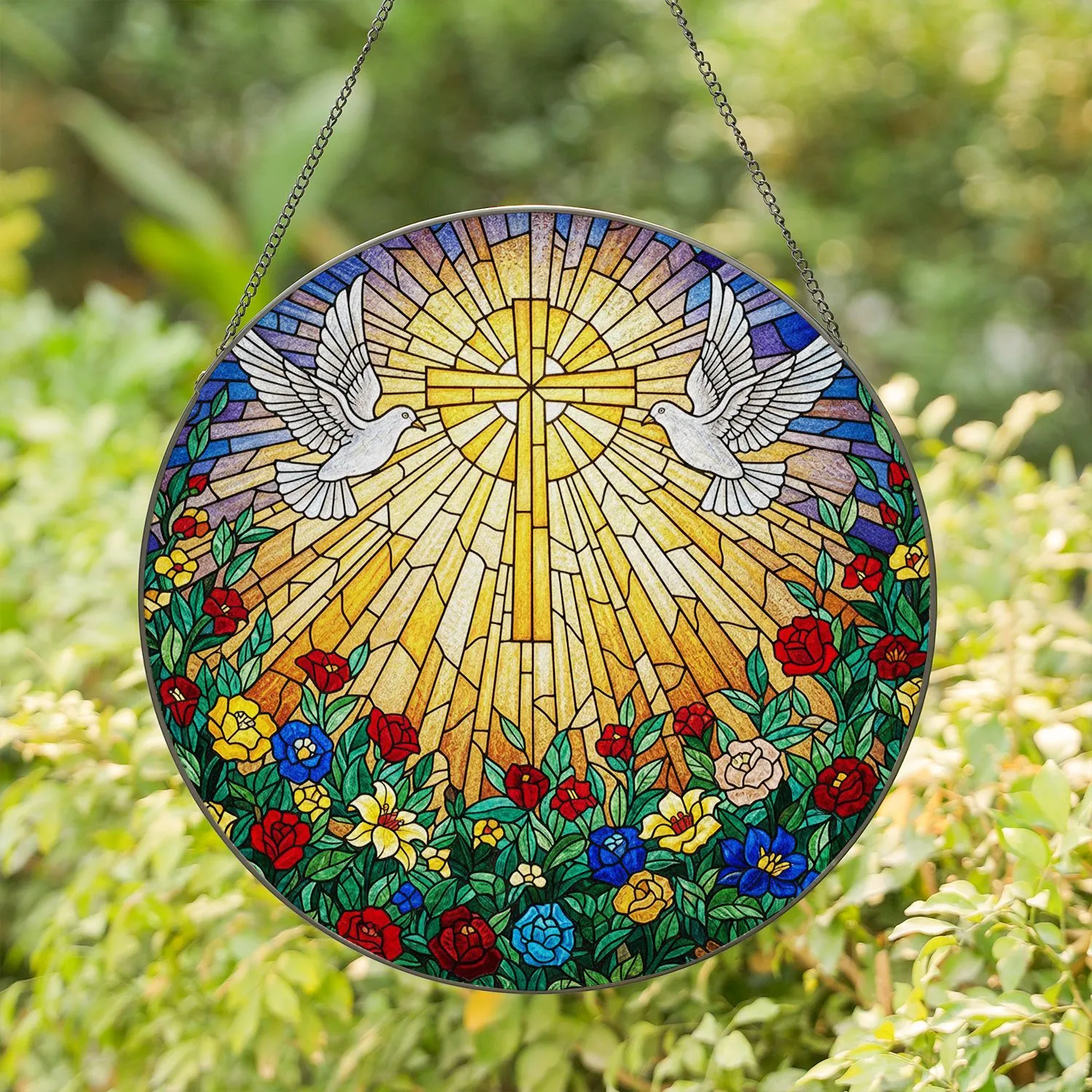 Radiant Golden Cross White Doves Floral Garden Celestial Jewel Tone Translucent Mosaic Stained Glass Suncatcher - 1