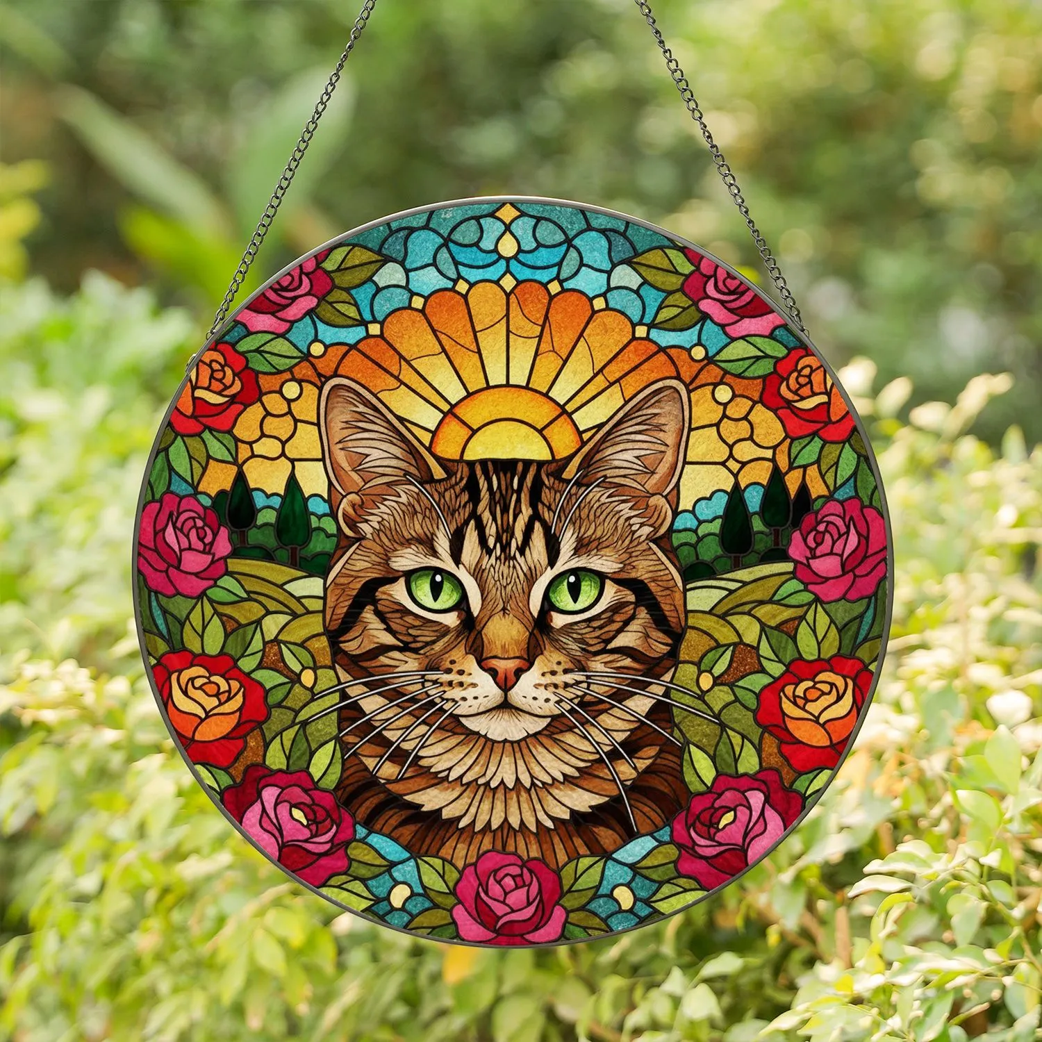 Tabby Cat Emerald Eyes Roses Tiffany Glass Art - Detailed Mosaic Sunset Landscape Decor Stained Glass Suncatcher - 1