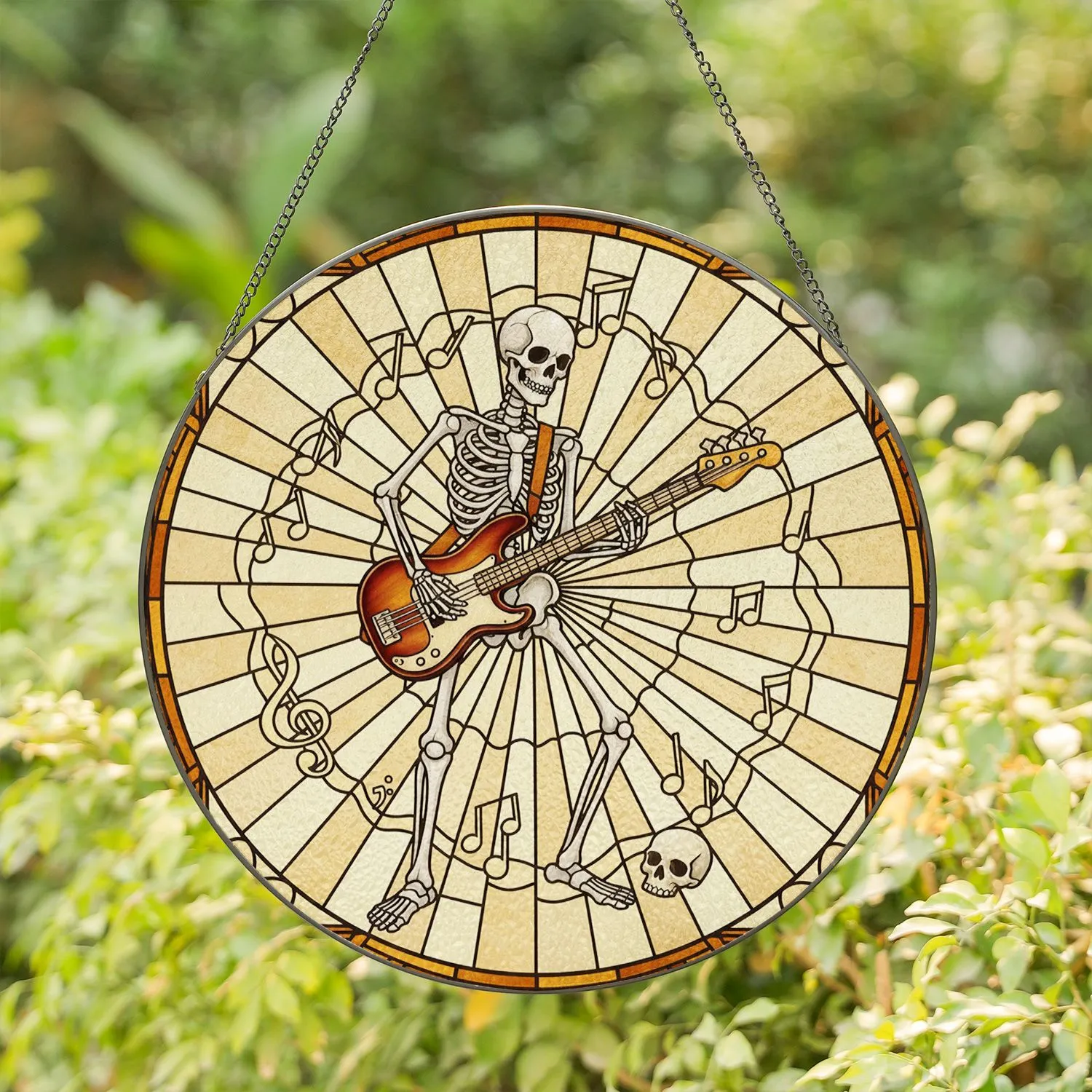 Skeleton Bass Player Electric Bass Stained Glass Art - Intricate Musical Notes Skull Decor Stained Glass Suncatcher - 1