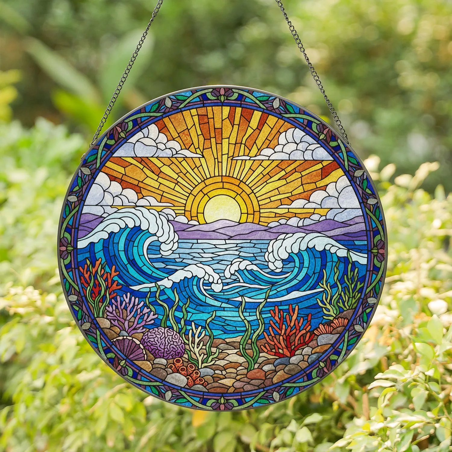 Radiant Yellow Sun Ocean Coral Waves Tiffany Stained Glass Underwater Coral Scene Art Stained Glass Suncatcher - 1