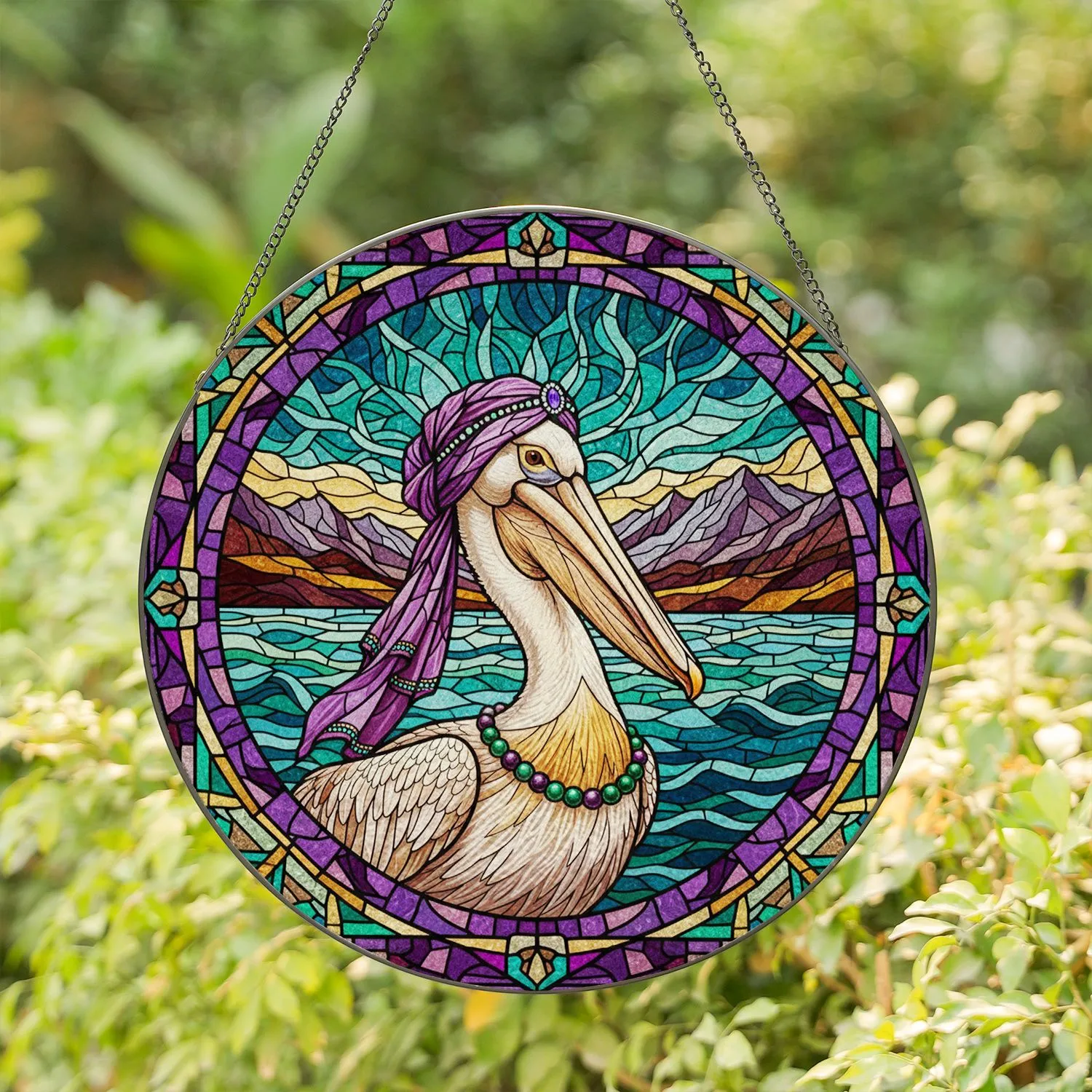 Majestic Pelican Purple Turban Stained Glass Tiffany Mosaic Jewel Tone Landscape Art Stained Glass Suncatcher - 1